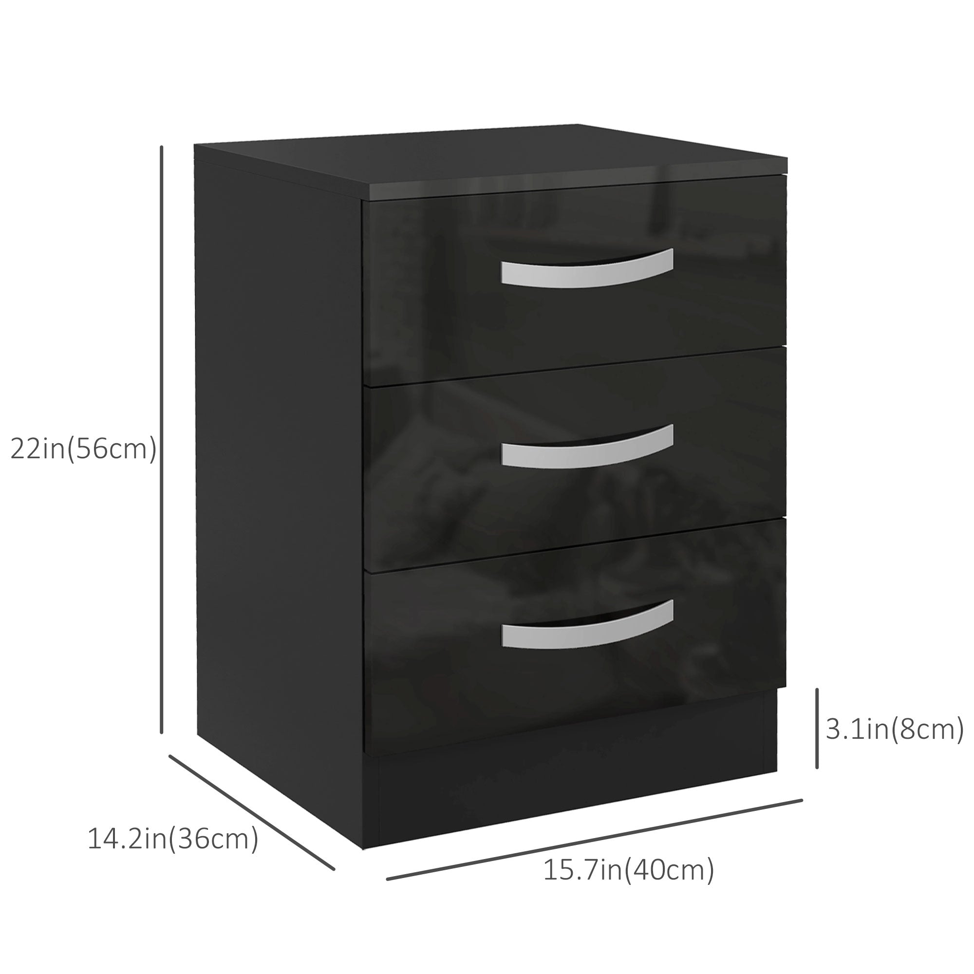 HOMCOM Modern Nightstand Set of 2, Bedside Tables with 3 High Gloss Drawers for Bedroom, Black