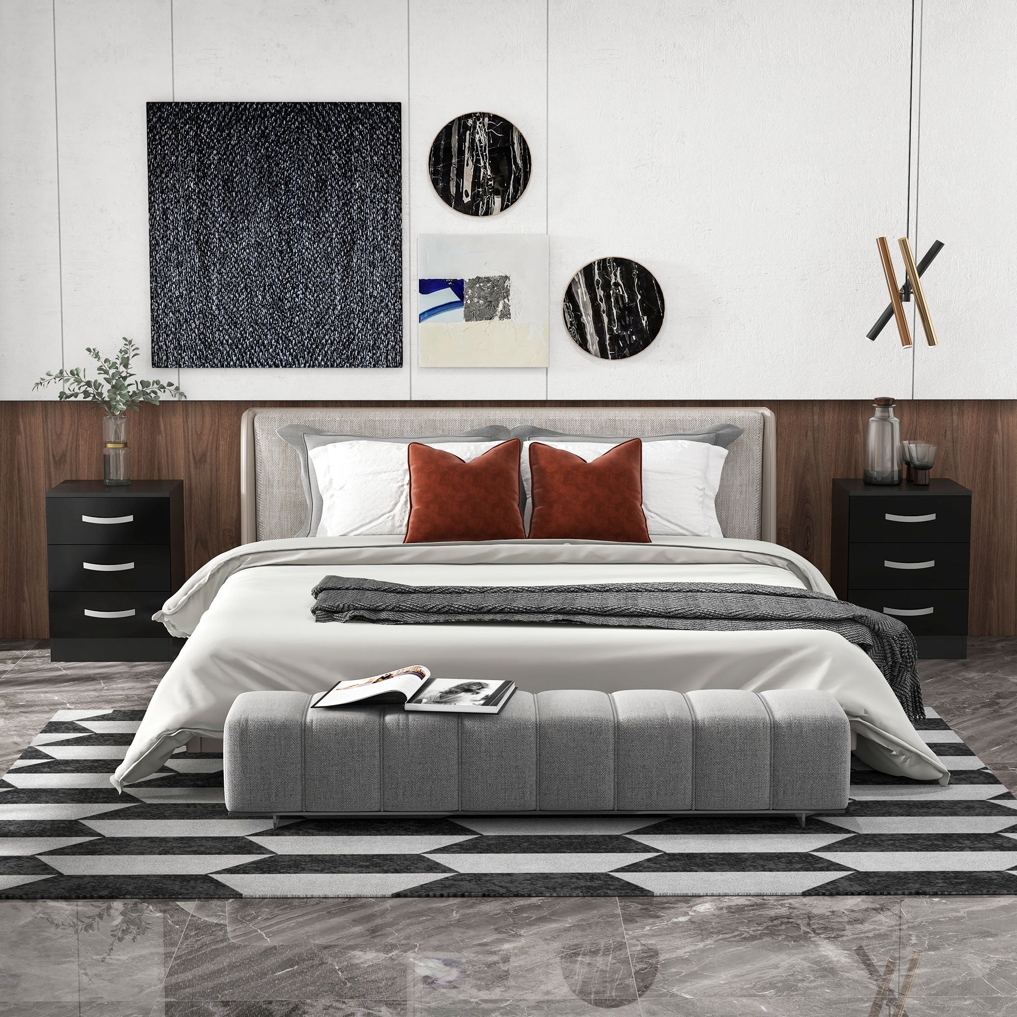 HOMCOM Modern Nightstand Set of 2, Bedside Tables with 3 High Gloss Drawers for Bedroom, Black