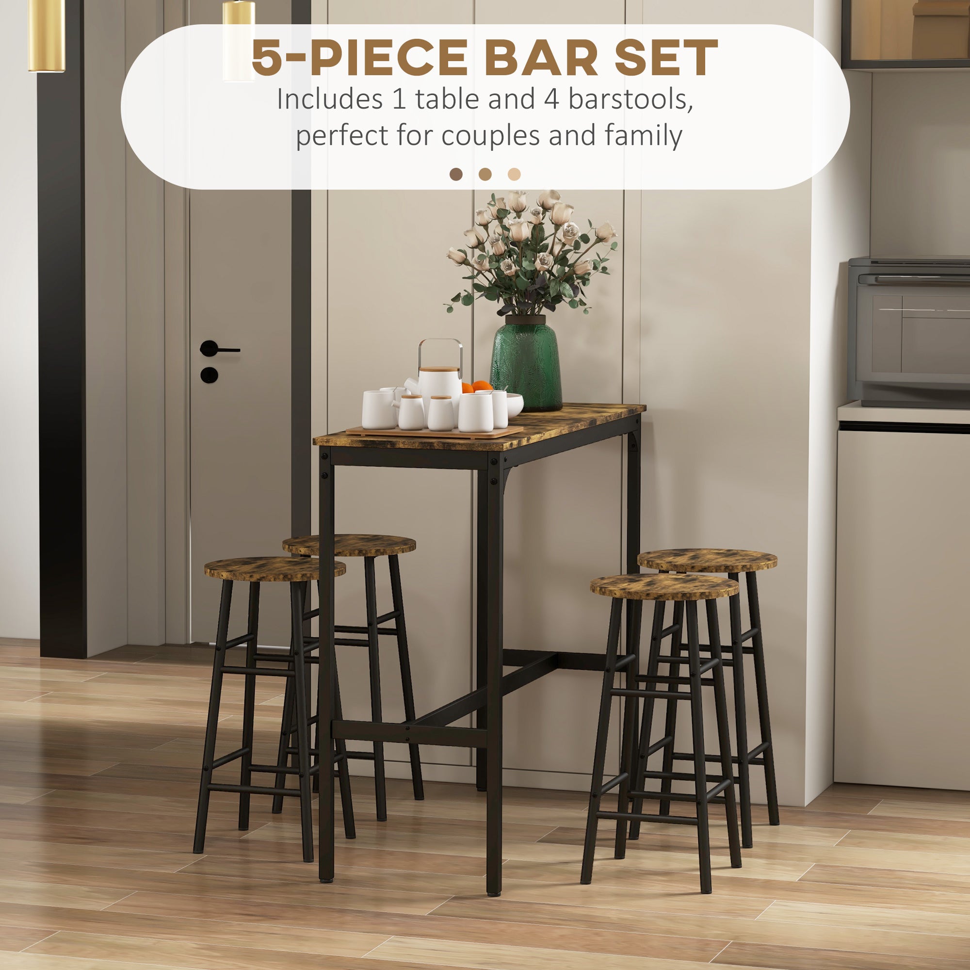 HOMCOM 5-Piece Counter Height Bar Table Set, Dining Table Set for 4 with Bar Stools, Kitchen Table and Chairs for Pub, Dining Room, Rustic Brown