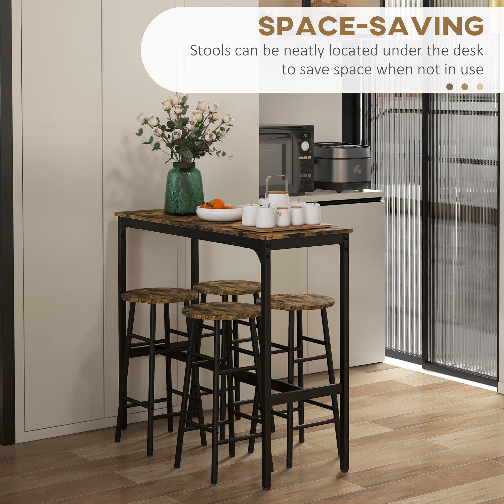 HOMCOM 5-Piece Counter Height Bar Table Set, Dining Table Set for 4 with Bar Stools, Kitchen Table and Chairs for Pub, Dining Room, Rustic Brown