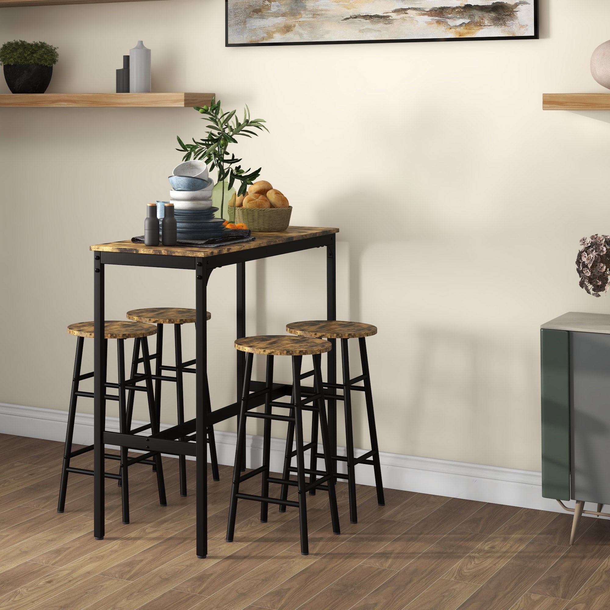 HOMCOM 5-Piece Counter Height Bar Table Set, Dining Table Set for 4 with Bar Stools, Kitchen Table and Chairs for Pub, Dining Room, Rustic Brown