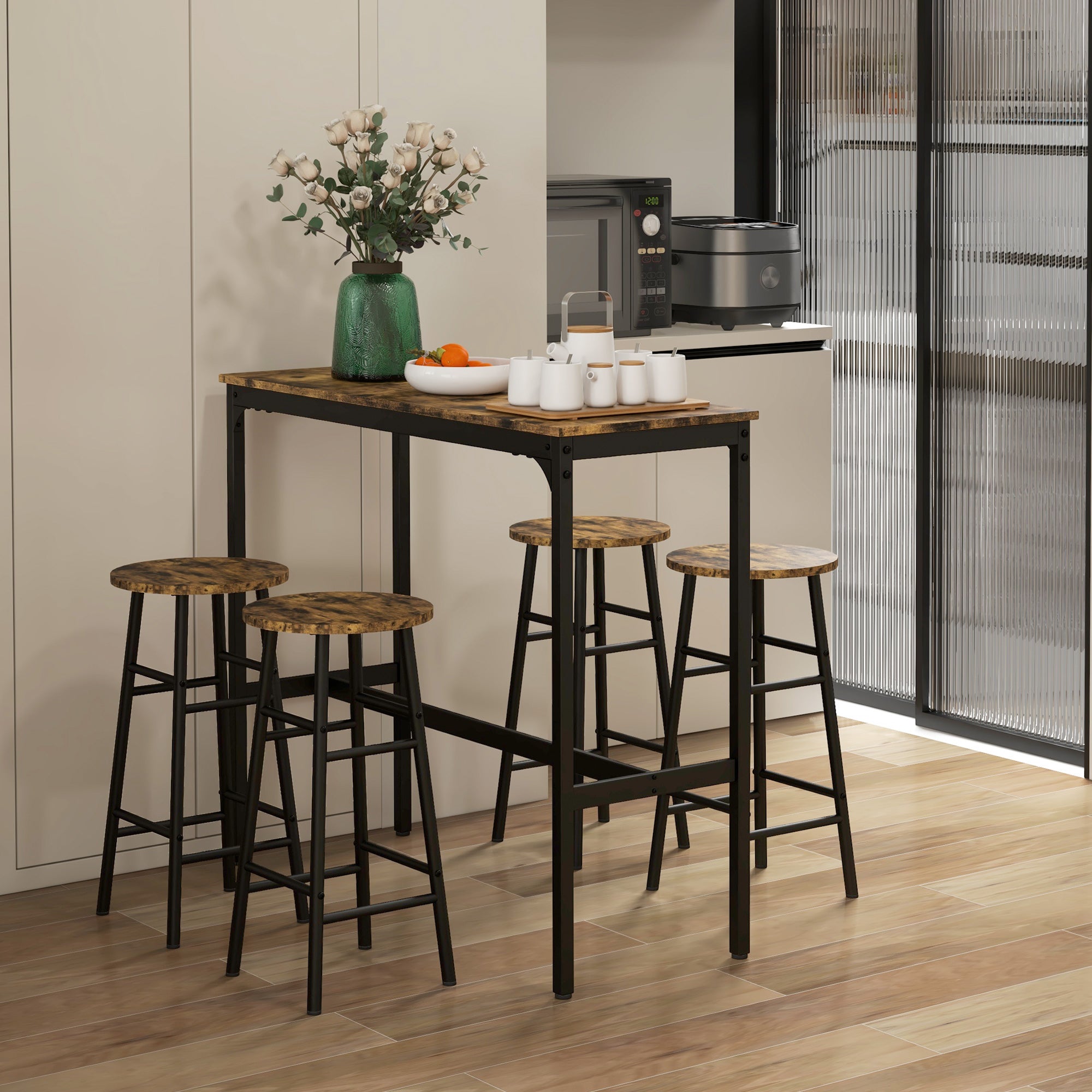 HOMCOM 5-Piece Counter Height Bar Table Set, Dining Table Set for 4 with Bar Stools, Kitchen Table and Chairs for Pub, Dining Room, Rustic Brown