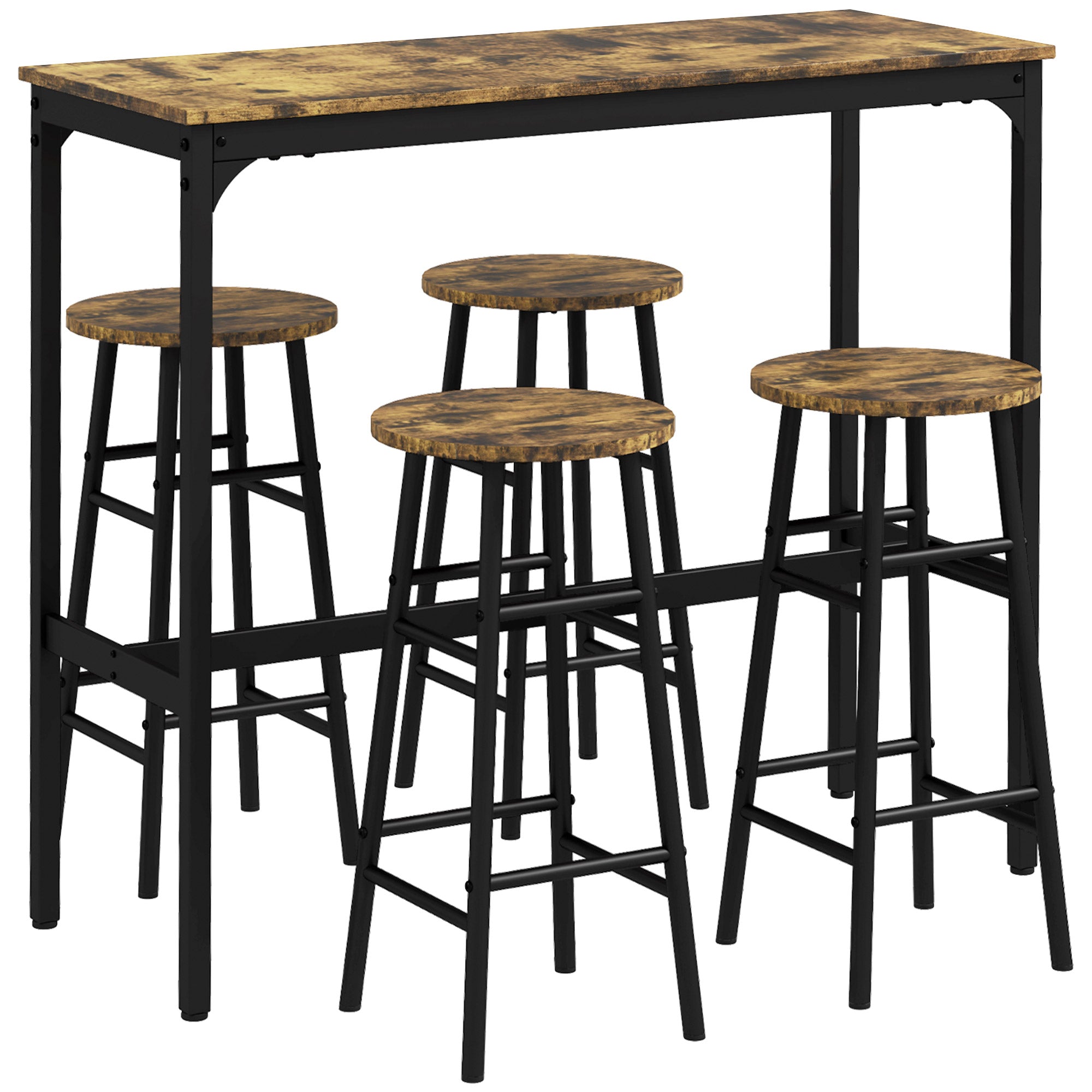 HOMCOM 5-Piece Counter Height Bar Table Set, Dining Table Set for 4 with Bar Stools, Kitchen Table and Chairs for Pub, Dining Room, Rustic Brown