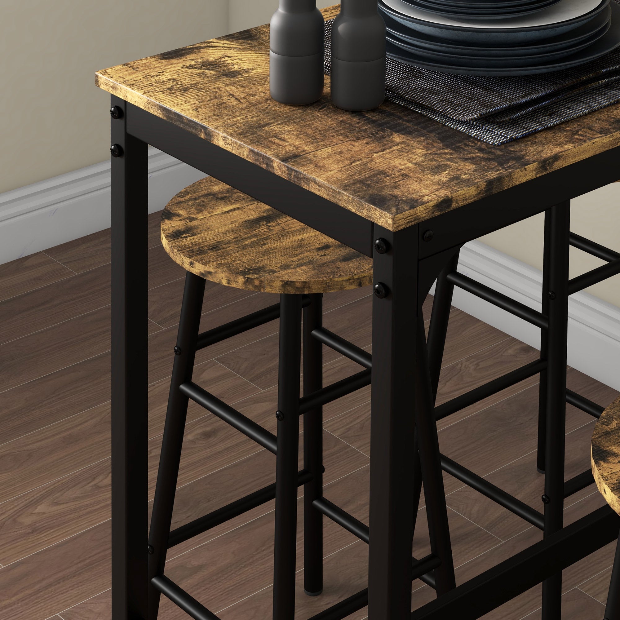 HOMCOM 5-Piece Counter Height Bar Table Set, Dining Table Set for 4 with Bar Stools, Kitchen Table and Chairs for Pub, Dining Room, Rustic Brown