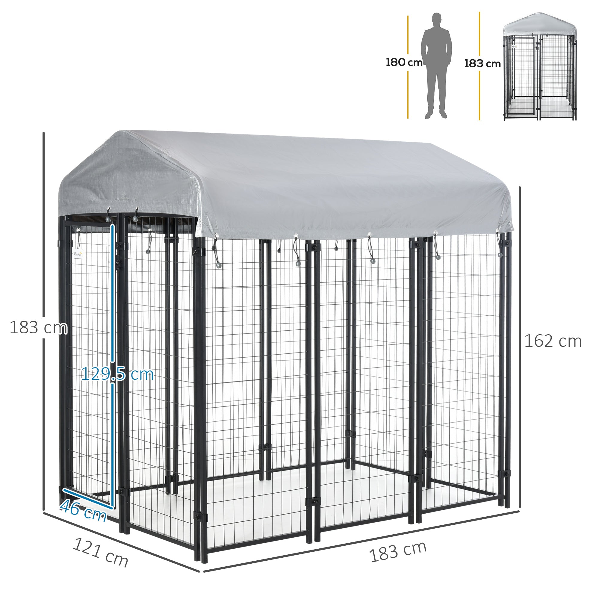 PawHut Outdoor Dog Kennel, Metal Playpen Fence Dog Run with UV-Resistant Canopy and Locks, for Medium and Large Dogs, 183 x 121 x 183cm