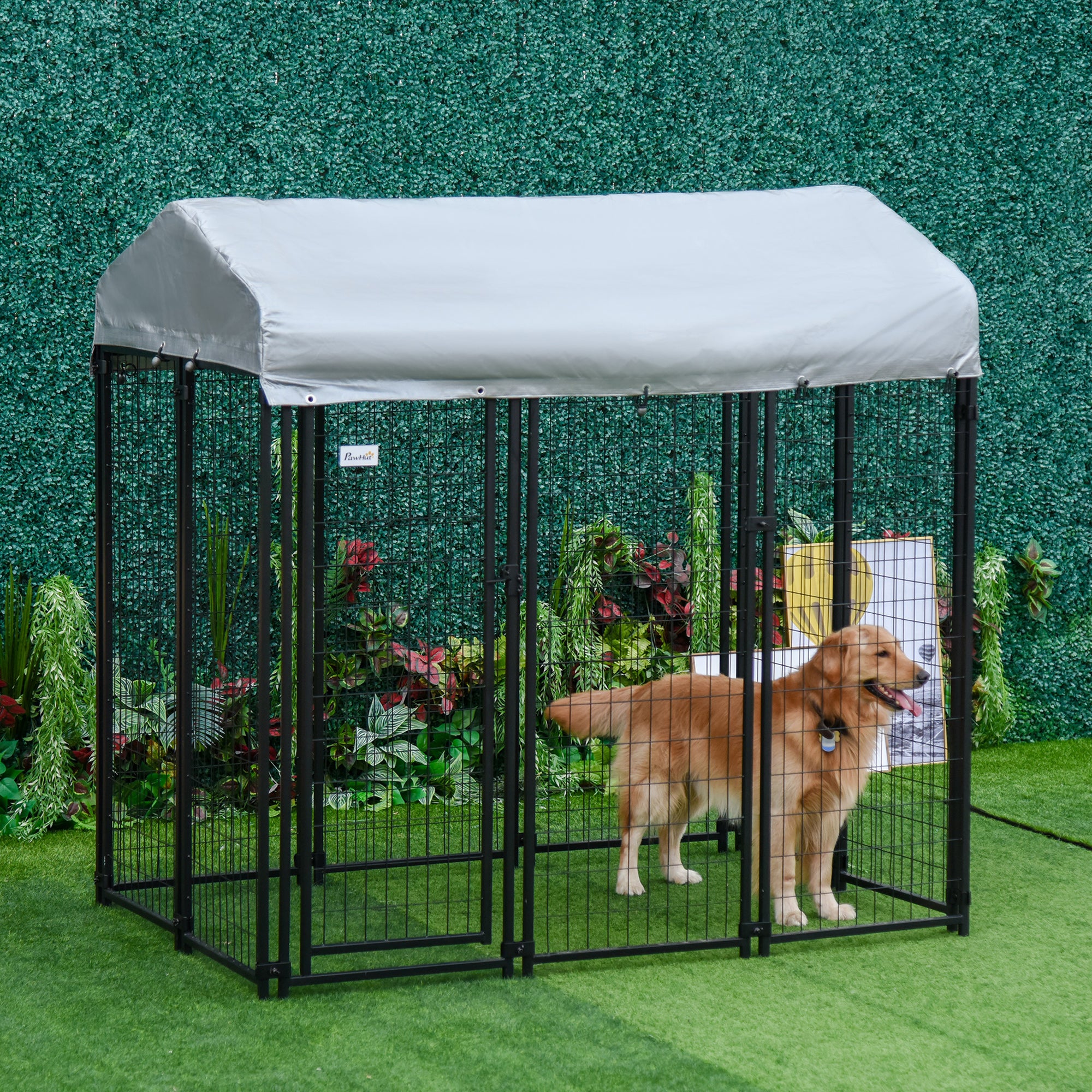 PawHut Outdoor Dog Kennel, Metal Playpen Fence Dog Run with UV-Resistant Canopy and Locks, for Medium and Large Dogs, 183 x 121 x 183cm