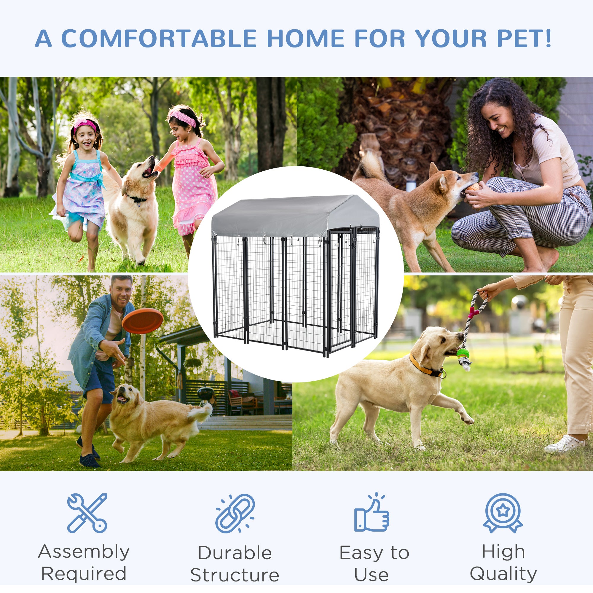 PawHut Outdoor Dog Kennel, Metal Playpen Fence Dog Run with UV-Resistant Canopy and Locks, for Medium and Large Dogs, 183 x 121 x 183cm