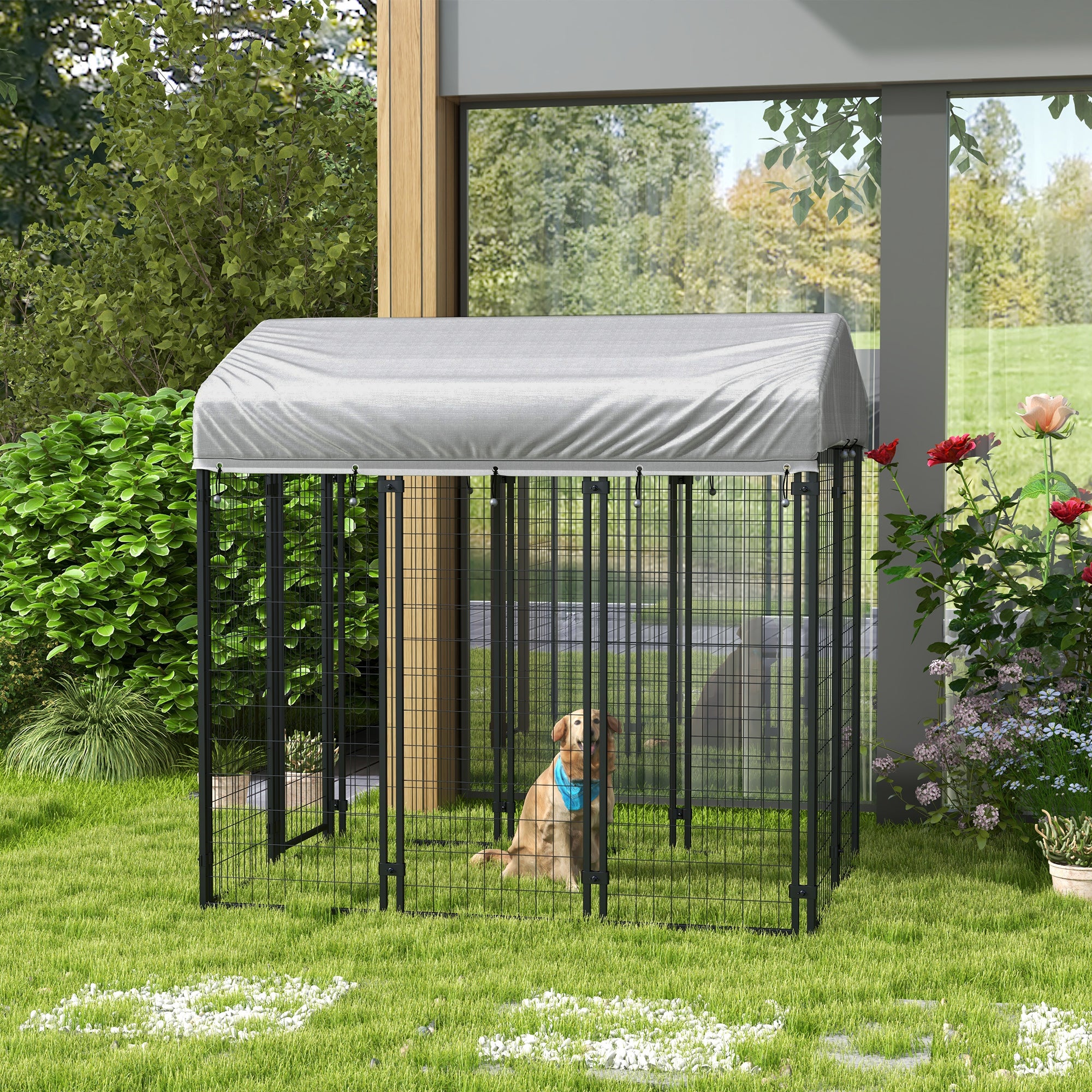 PawHut Outdoor Dog Kennel, Metal Playpen Fence Dog Run with UV-Resistant Canopy and Locks, for Medium and Large Dogs, 183 x 121 x 183cm