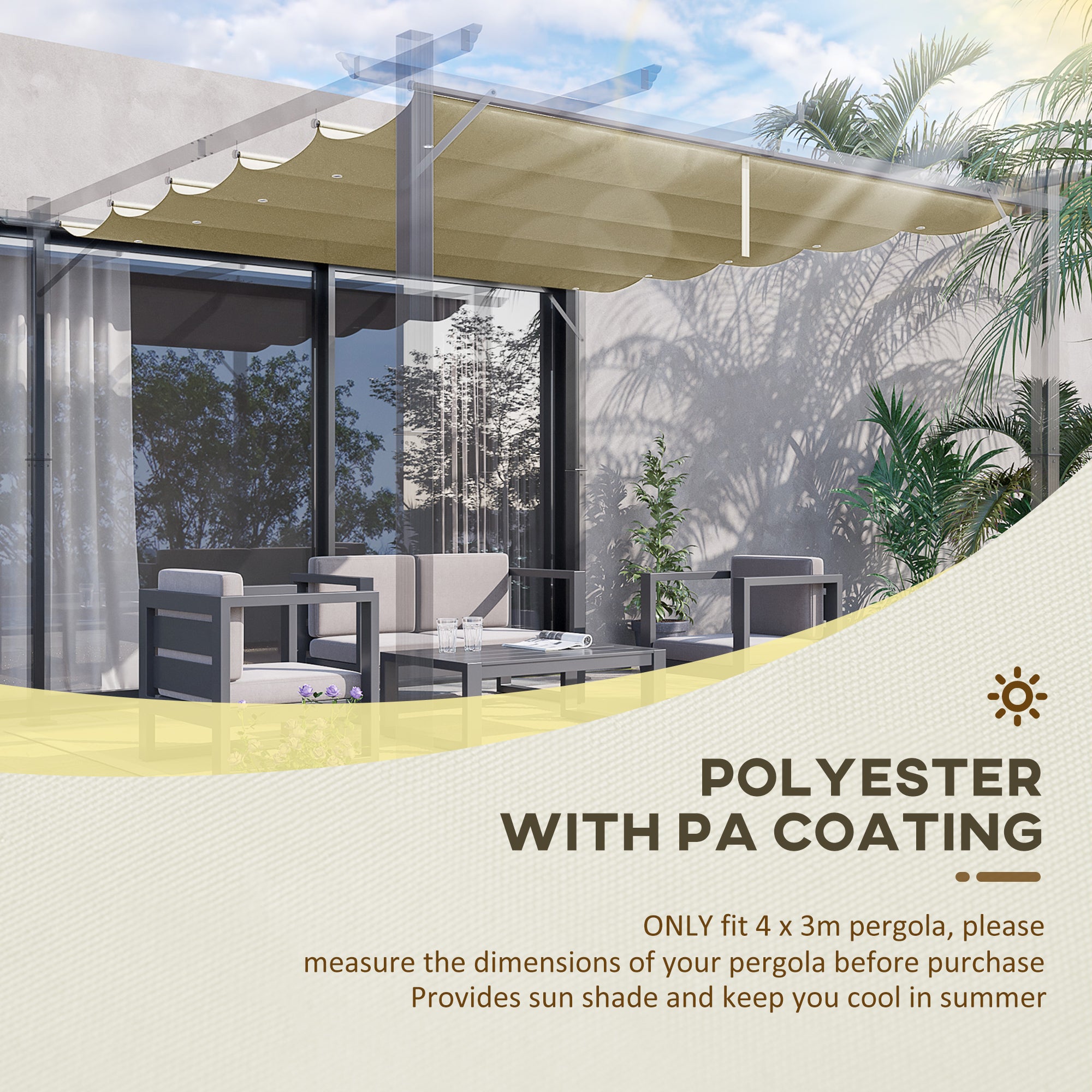Outsunny Retractable Replacement Pergola Canopy for 10' x 13' Pergola, Pergola Cover Replacement, Beige