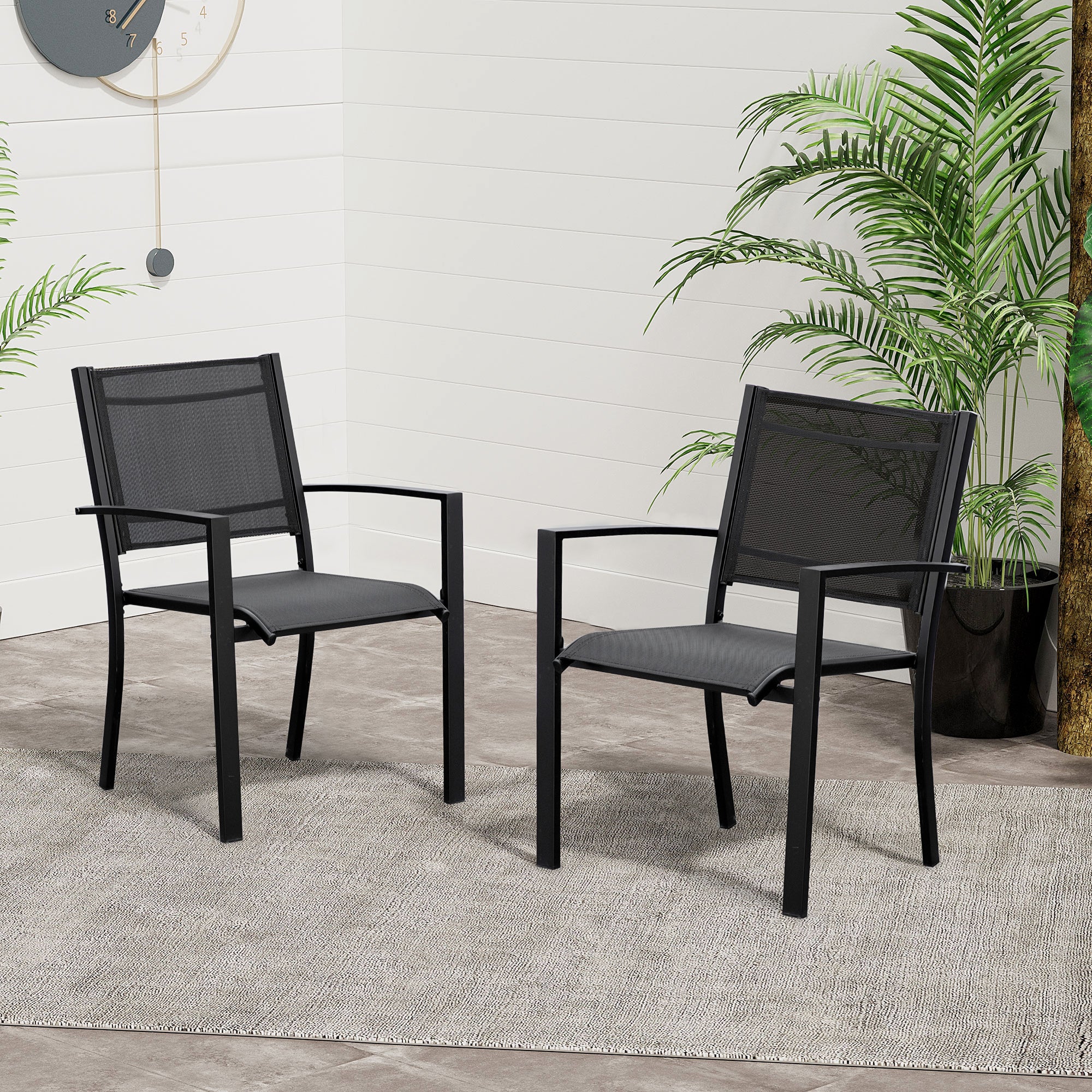 Outsunny Set of 2 Patio Dining Chair Outdoor Mesh Seat Heavy Duty Stackable Garden Bistro Chairs Yard Home Furniture Black