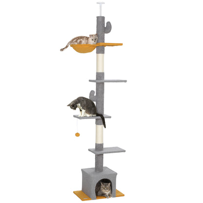 PawHut Floor to Ceiling Cat Tree, Cat Tower with 90.5"-108" Adjustable Height, 5 Tier Activity Centre with Scratching Posts, Hammock, Condo, Toy Ball for Indoor Cats, Light Grey