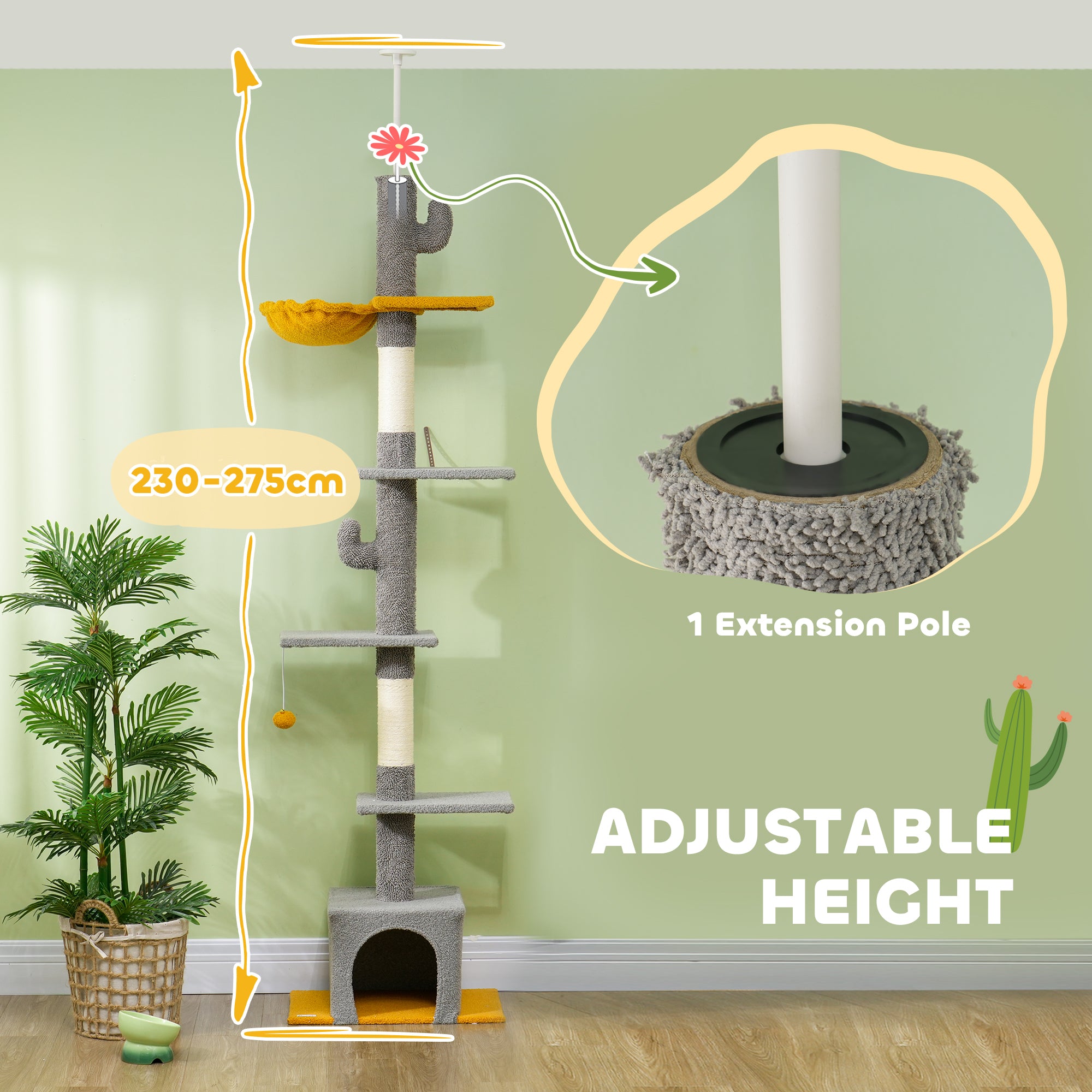 PawHut Floor to Ceiling Cat Tree, Cat Tower with 90.5
