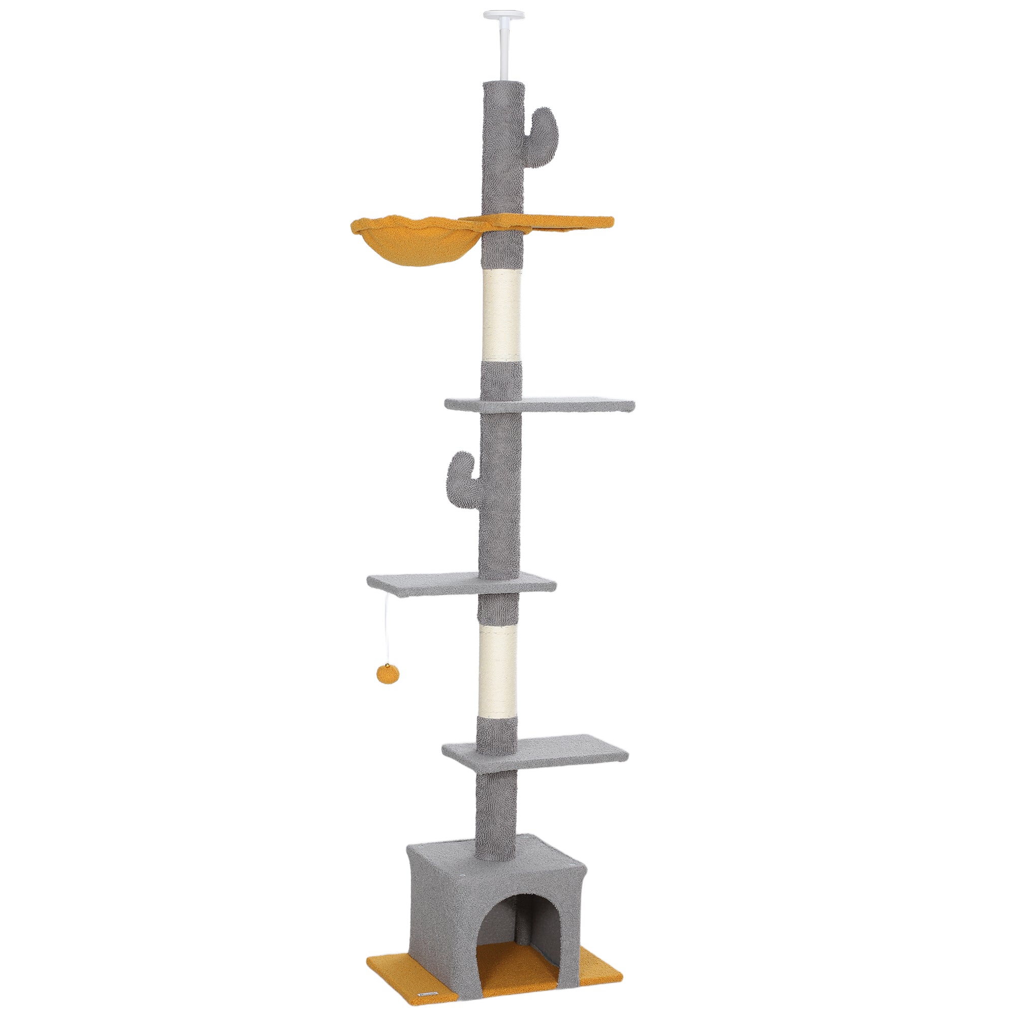 PawHut Floor to Ceiling Cat Tree, Cat Tower with 90.5"-108" Adjustable Height, 5 Tier Activity Centre with Scratching Posts, Hammock, Condo, Toy Ball for Indoor Cats, Light Grey