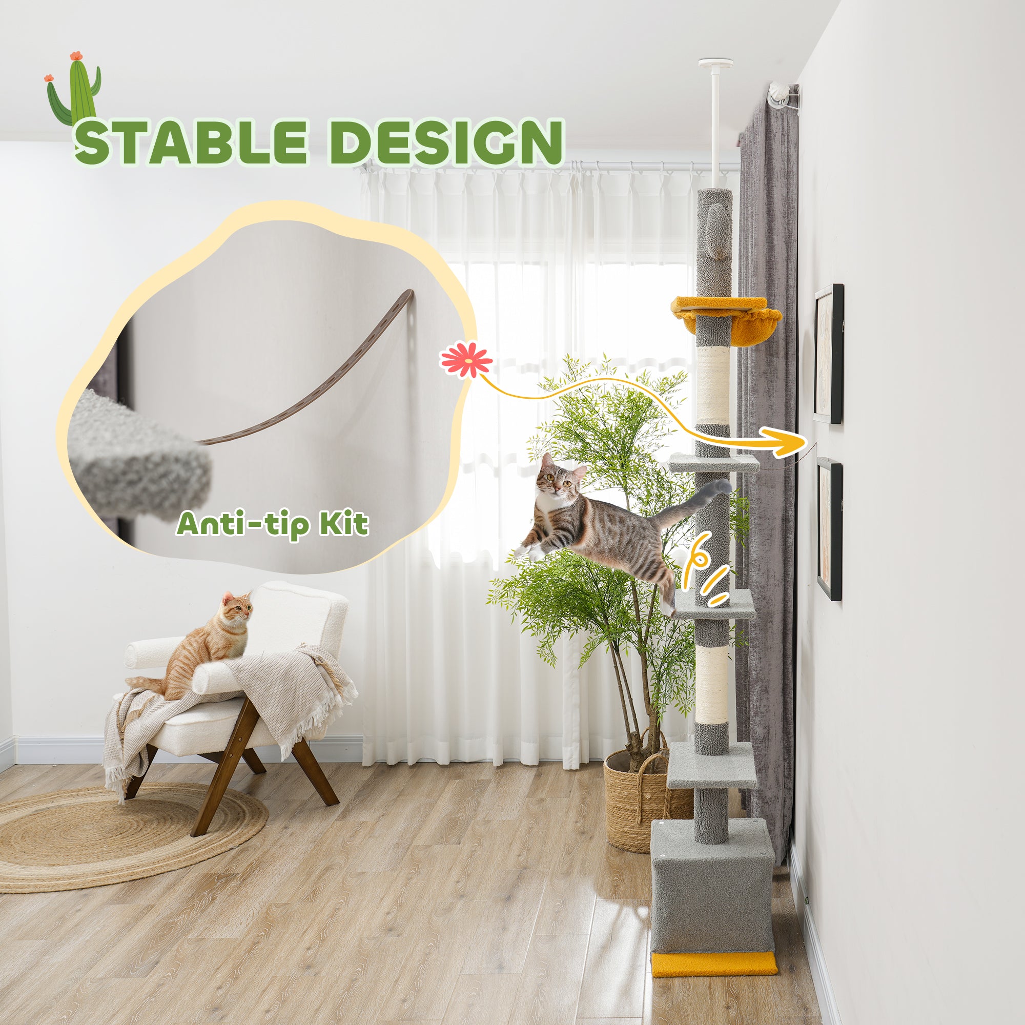 PawHut Floor to Ceiling Cat Tree, Cat Tower with 90.5"-108" Adjustable Height, 5 Tier Activity Centre with Scratching Posts, Hammock, Condo, Toy Ball for Indoor Cats, Light Grey