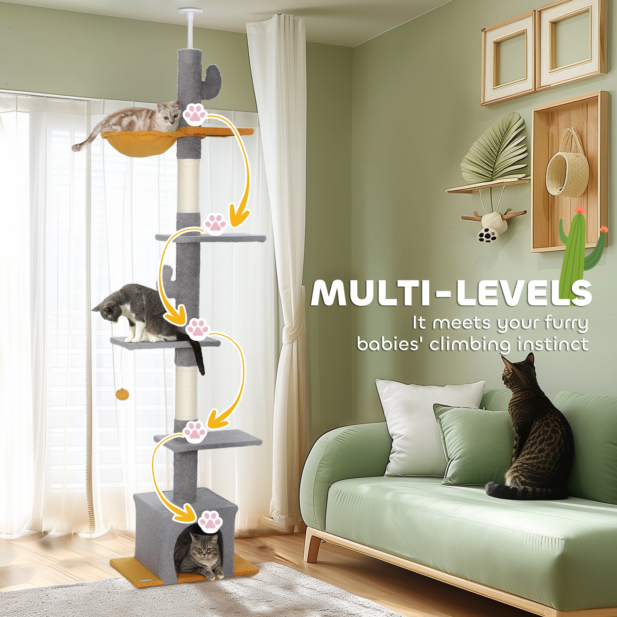PawHut Floor to Ceiling Cat Tree, Cat Tower with 90.5
