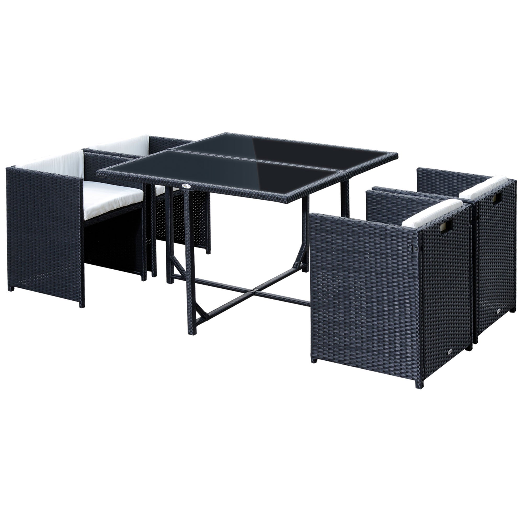 Outsunny 5 Pieces Wicker Patio Dining Set Outdoor Furniture Set with Removable Cushions, Glass Top Dining Table, PE Rattan Conversation Set for Garden Poolside Backyard, Cream