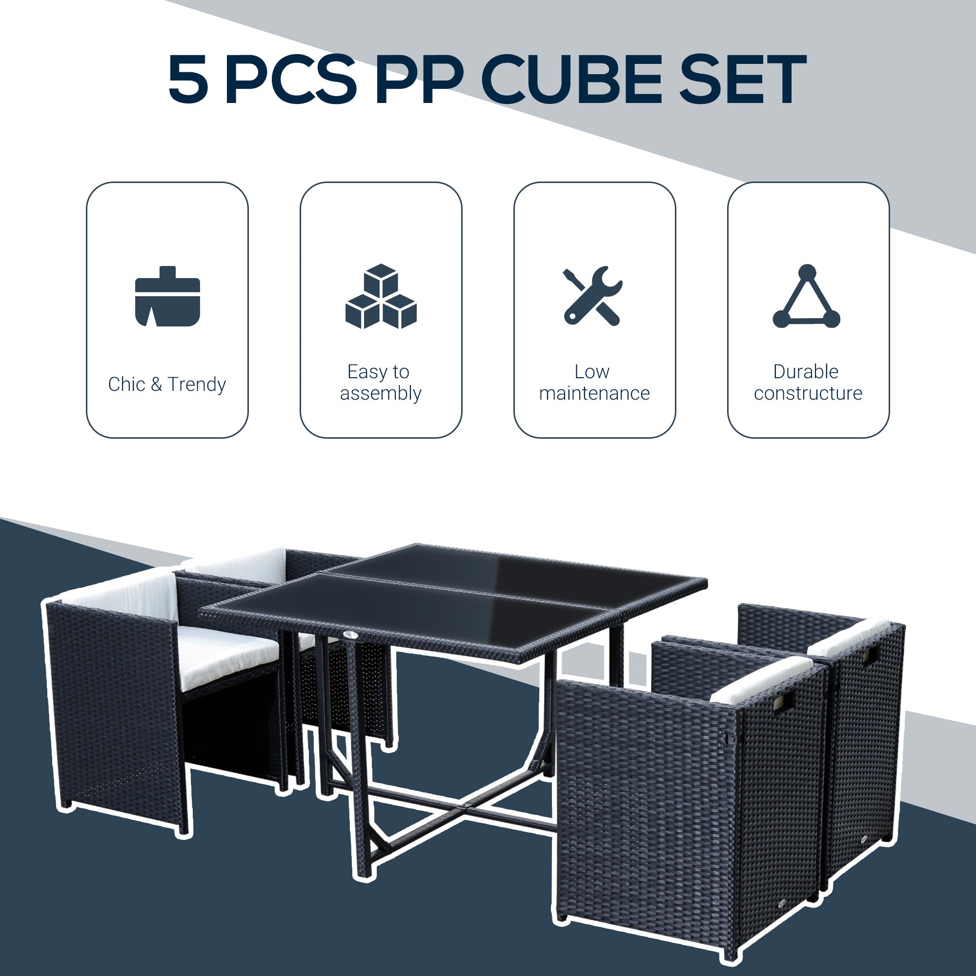 Outsunny 5 Pieces Wicker Patio Dining Set Outdoor Furniture Set with Removable Cushions, Glass Top Dining Table, PE Rattan Conversation Set for Garden Poolside Backyard, Cream