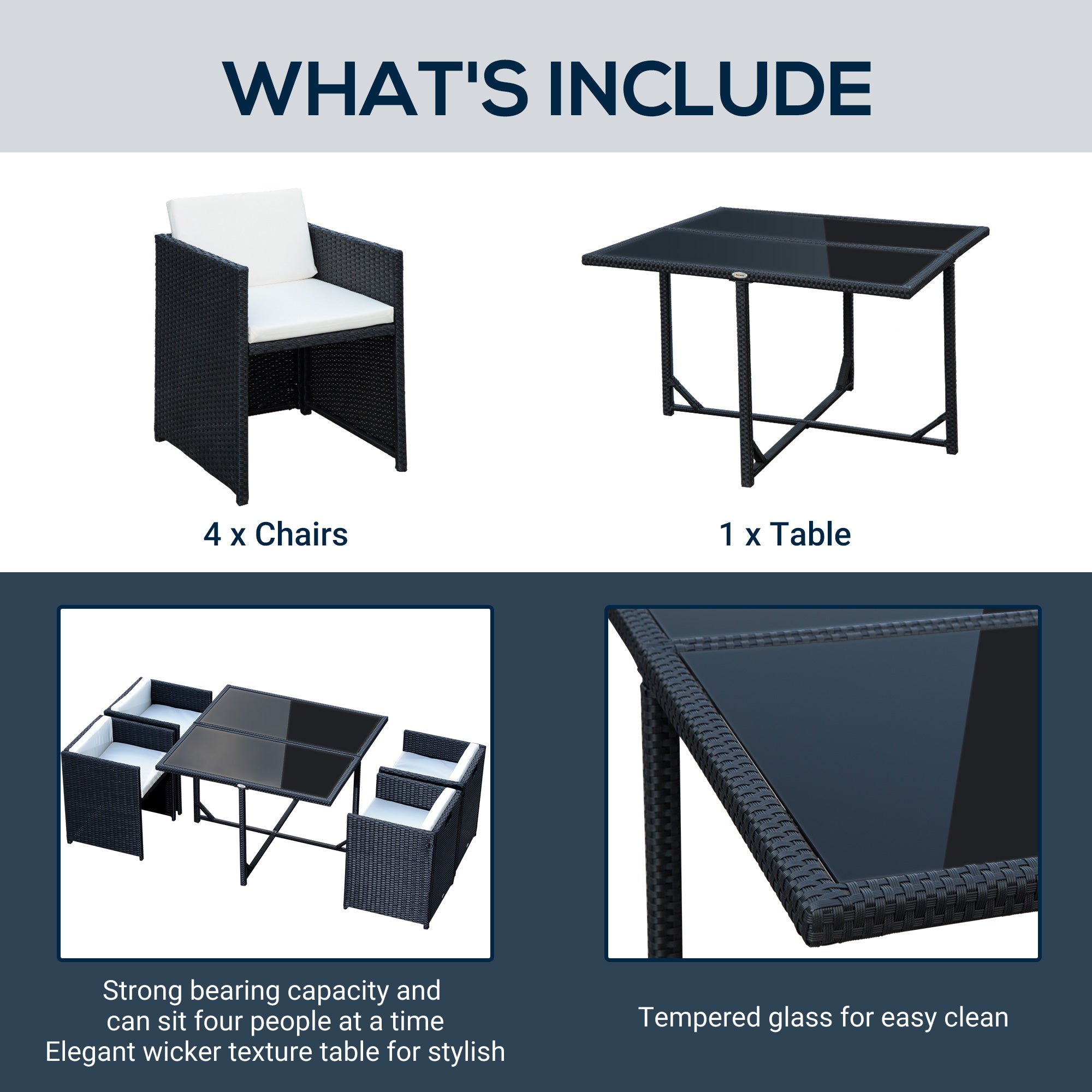 Outsunny 5 Pieces Wicker Patio Dining Set Outdoor Furniture Set with Removable Cushions, Glass Top Dining Table, PE Rattan Conversation Set for Garden Poolside Backyard, Cream