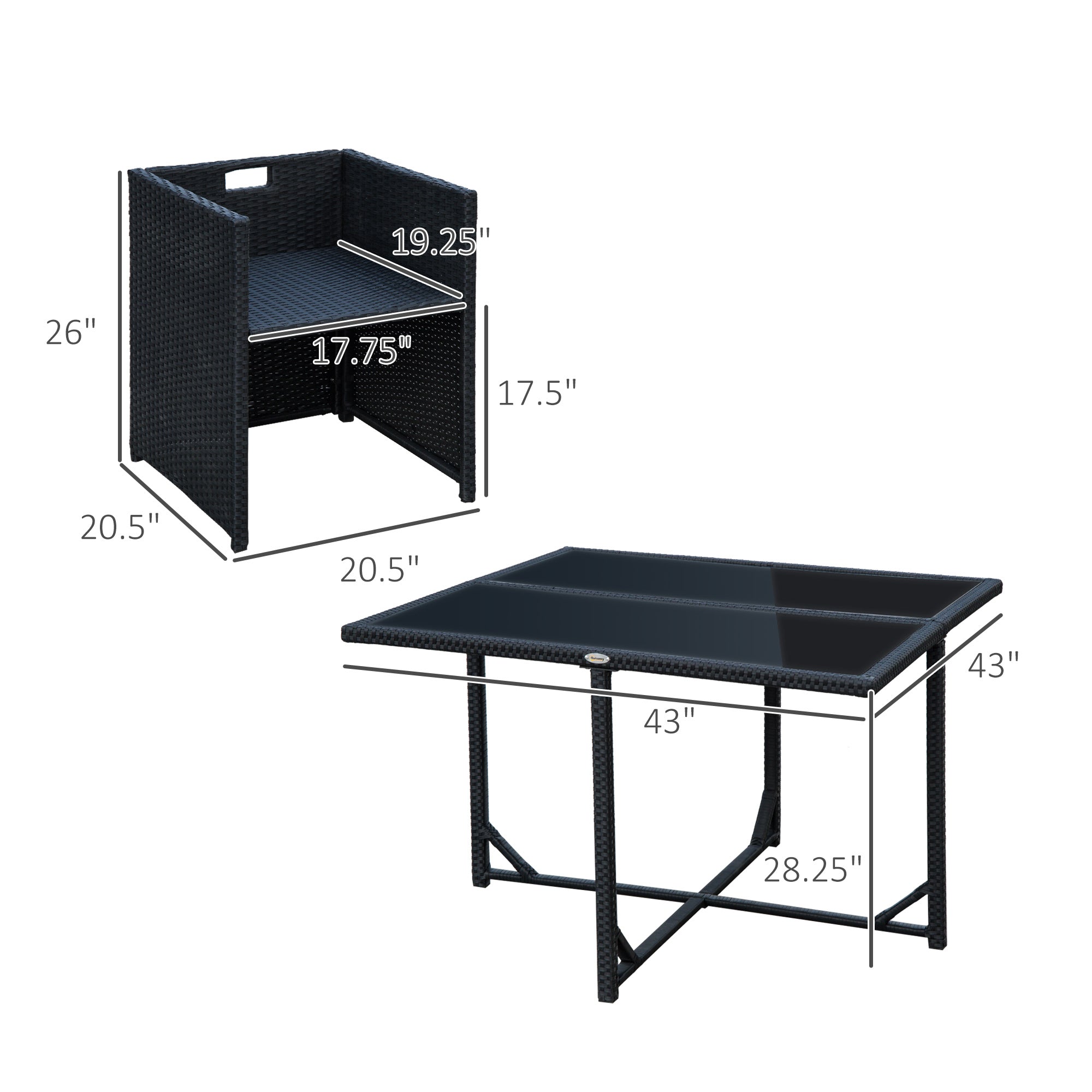 Outsunny 5 Pieces Wicker Patio Dining Set Outdoor Furniture Set with Removable Cushions, Glass Top Dining Table, PE Rattan Conversation Set for Garden Poolside Backyard, Cream
