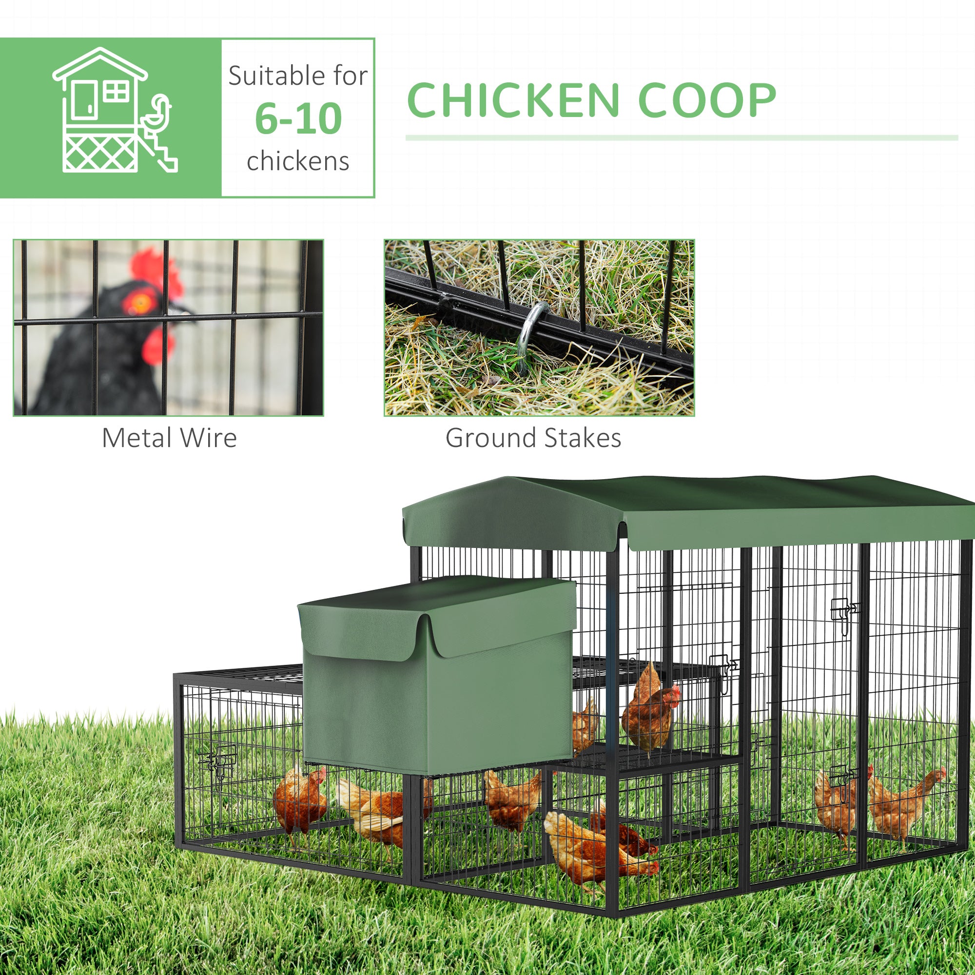 PawHut 79in Large Metal Chicken Coop, Outdoor Hen House Poultry Duck Goose Cage with Water-Resistant Canopy, Run, Nesting Box, Lockable Doors, Green