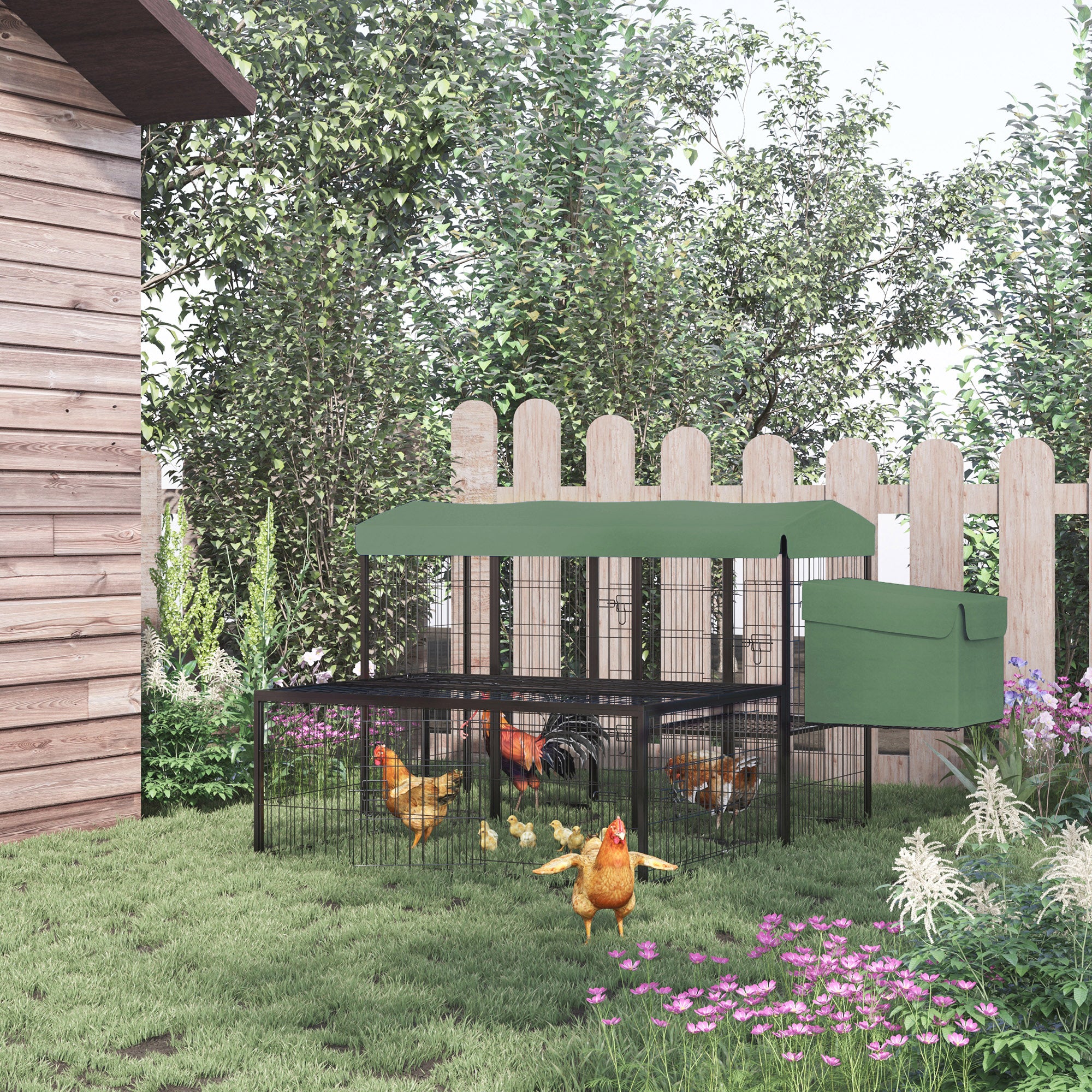PawHut 79in Large Metal Chicken Coop, Outdoor Hen House Poultry Duck Goose Cage with Water-Resistant Canopy, Run, Nesting Box, Lockable Doors, Green