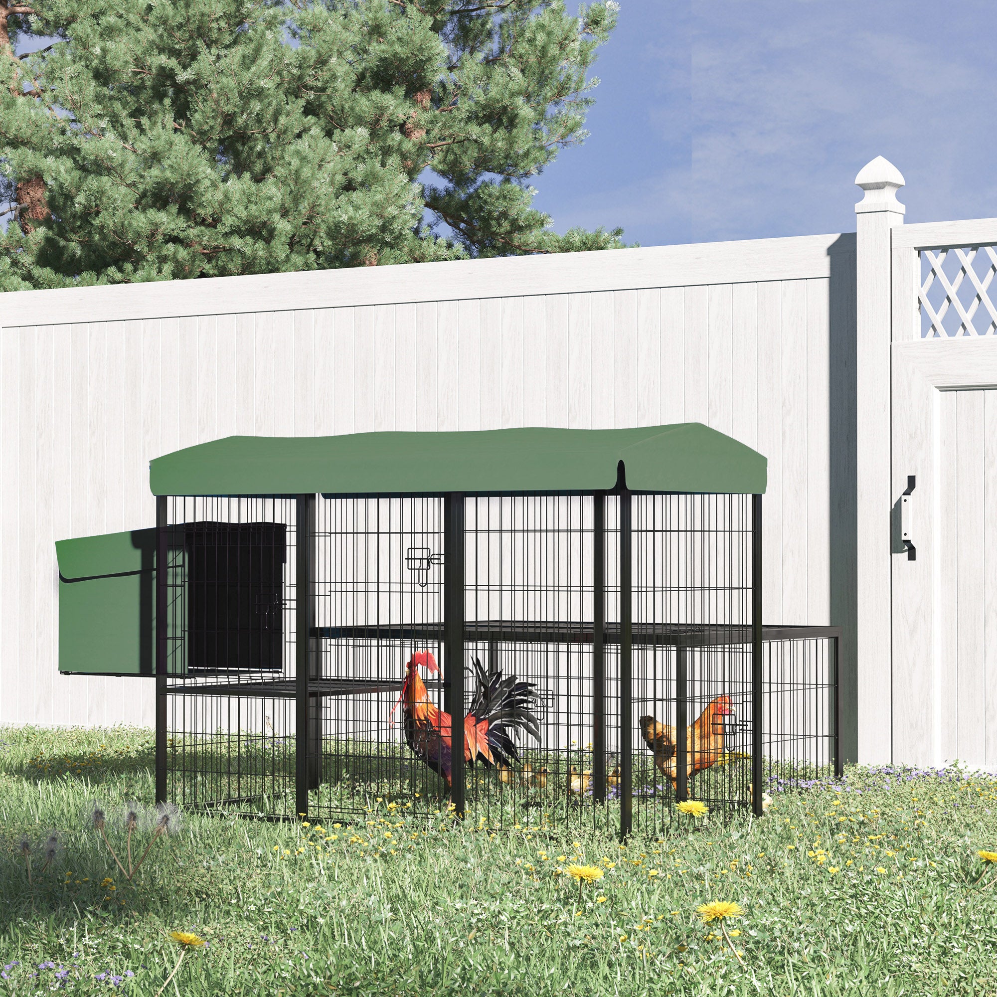 PawHut 79in Large Metal Chicken Coop, Outdoor Hen House Poultry Duck Goose Cage with Water-Resistant Canopy, Run, Nesting Box, Lockable Doors, Green