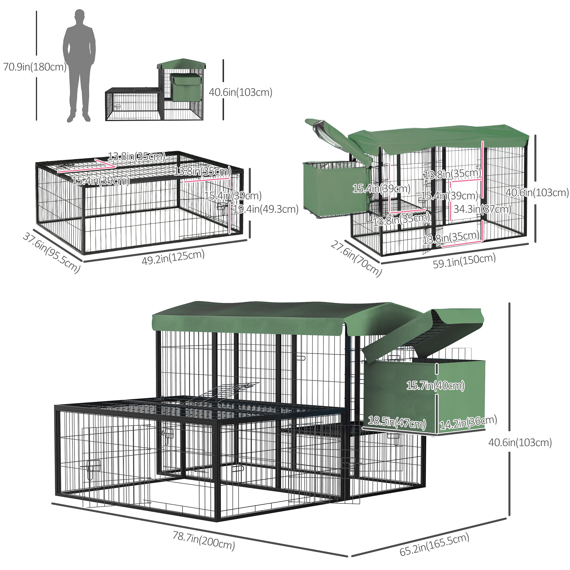 PawHut 79in Large Metal Chicken Coop, Outdoor Hen House Poultry Duck Goose Cage with Water-Resistant Canopy, Run, Nesting Box, Lockable Doors, Green