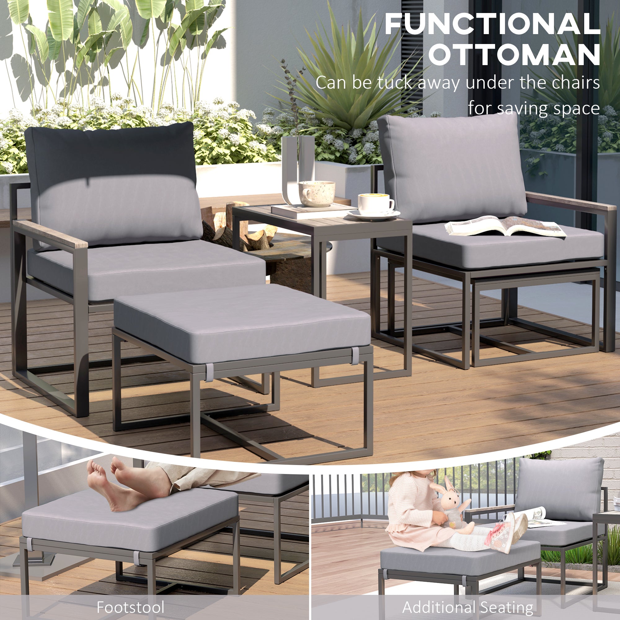 Outsunny 5 Pieces Patio Furniture Set with Ottomans, Outdoor Furniture Conversation Set with Cushions, Wood-Plastic Composite Coffee Table, Small Patio Set for Garden, Yard, Grey