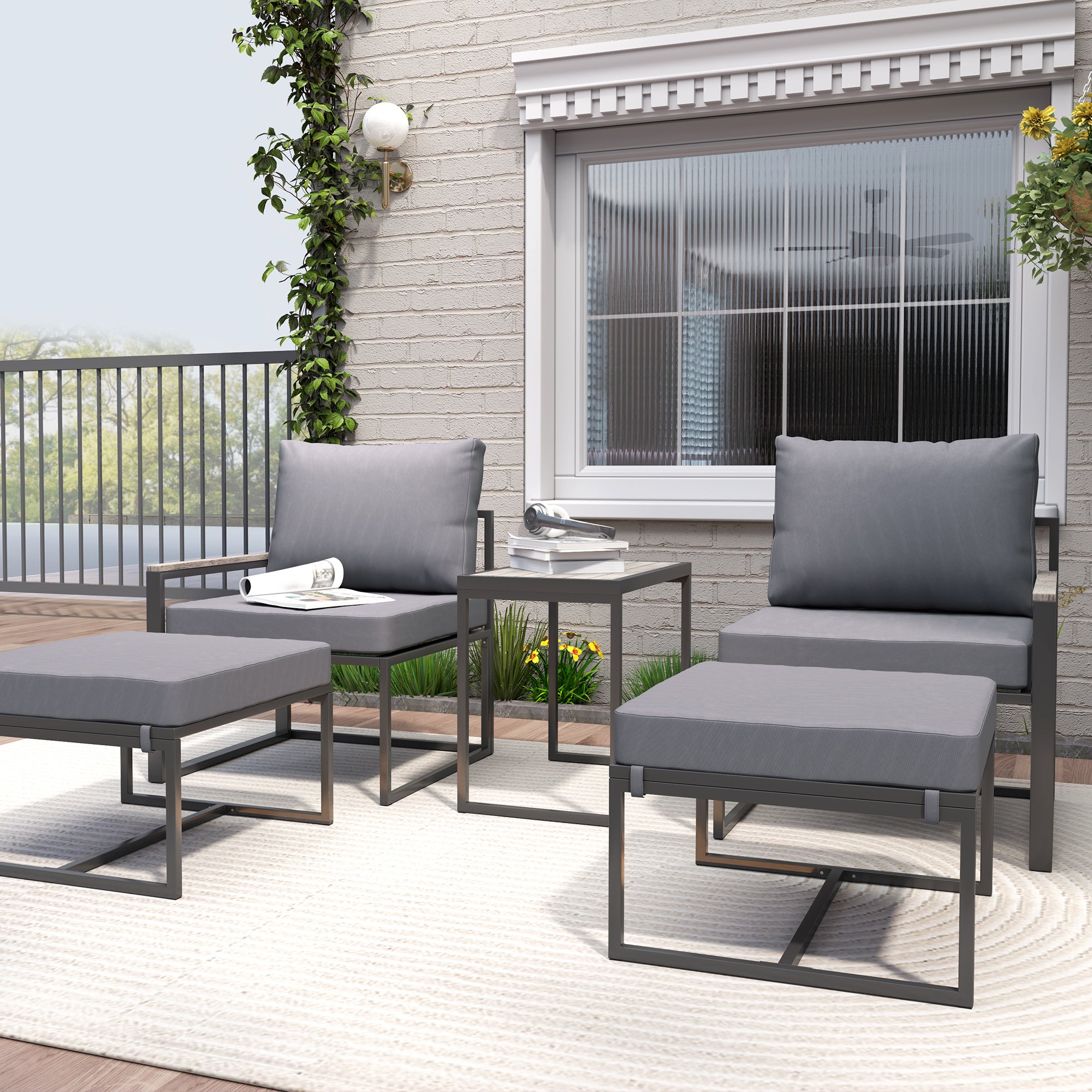 Outsunny 5 Pieces Patio Furniture Set with Ottomans, Outdoor Furniture Conversation Set with Cushions, Wood-Plastic Composite Coffee Table, Small Patio Set for Garden, Yard, Grey