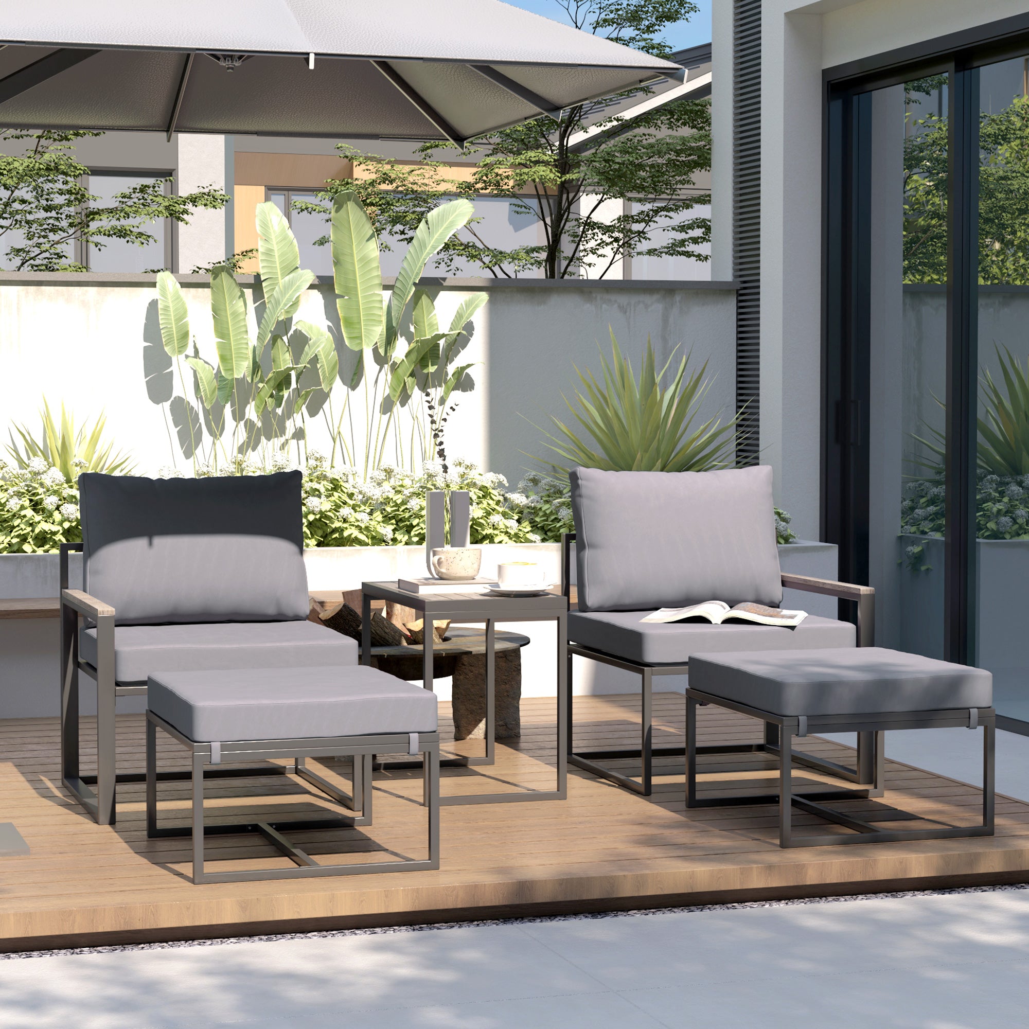 Outsunny 5 Pieces Patio Furniture Set with Ottomans, Outdoor Furniture Conversation Set with Cushions, Wood-Plastic Composite Coffee Table, Small Patio Set for Garden, Yard, Grey