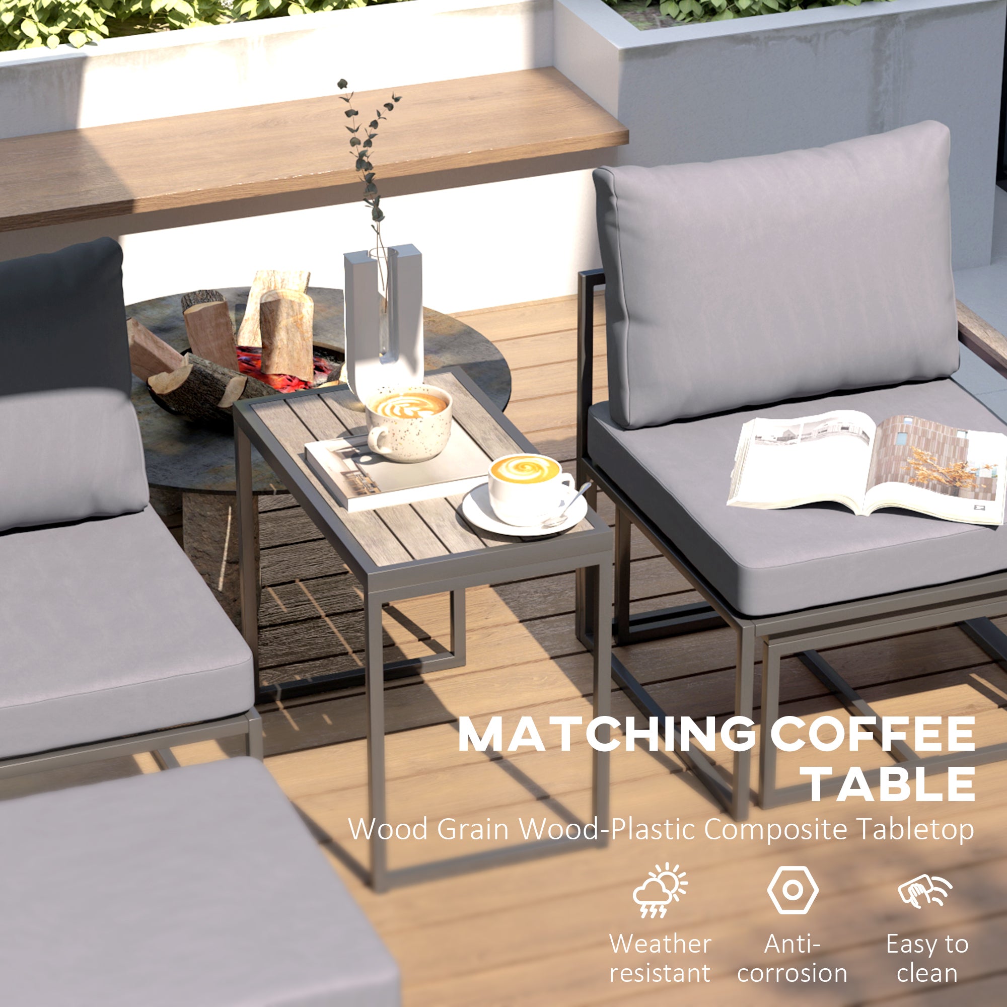 Outsunny 5 Pieces Patio Furniture Set with Ottomans, Outdoor Furniture Conversation Set with Cushions, Wood-Plastic Composite Coffee Table, Small Patio Set for Garden, Yard, Grey