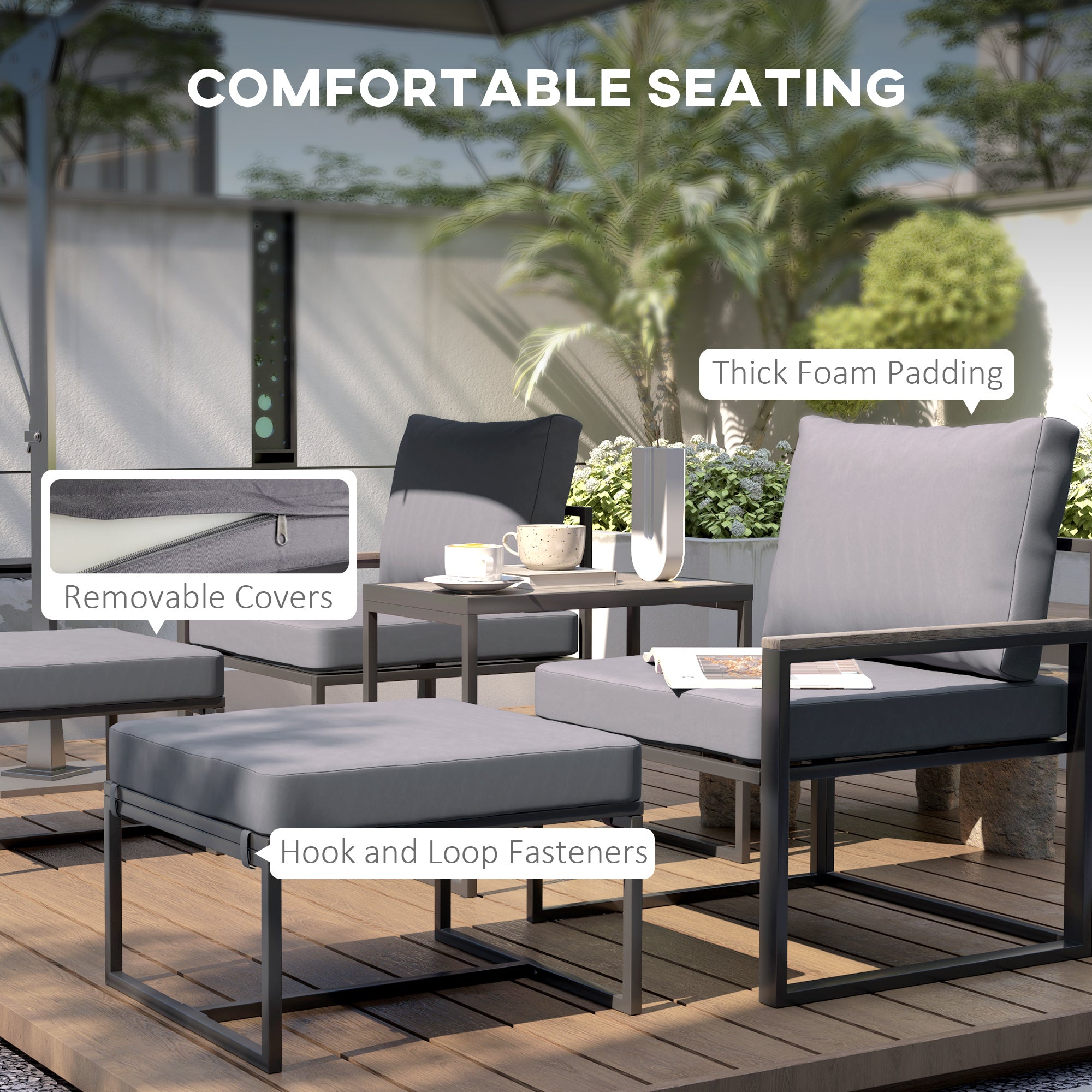 Outsunny 5 Pieces Patio Furniture Set with Ottomans, Outdoor Furniture Conversation Set with Cushions, Wood-Plastic Composite Coffee Table, Small Patio Set for Garden, Yard, Grey