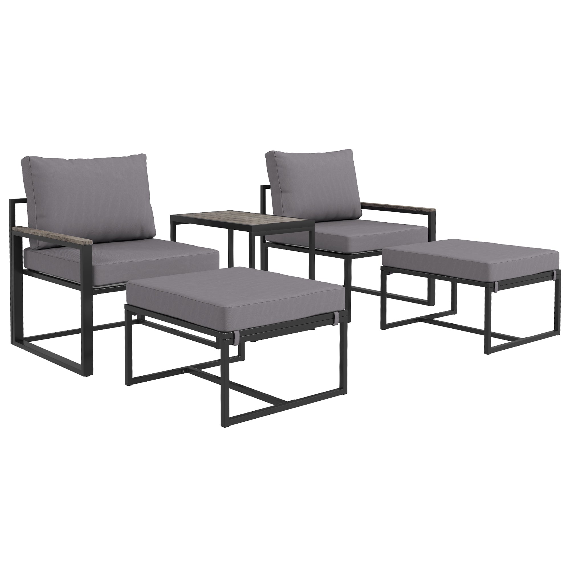 Outsunny 5 Pieces Patio Furniture Set with Ottomans, Outdoor Furniture Conversation Set with Cushions, Wood-Plastic Composite Coffee Table, Small Patio Set for Garden, Yard, Grey
