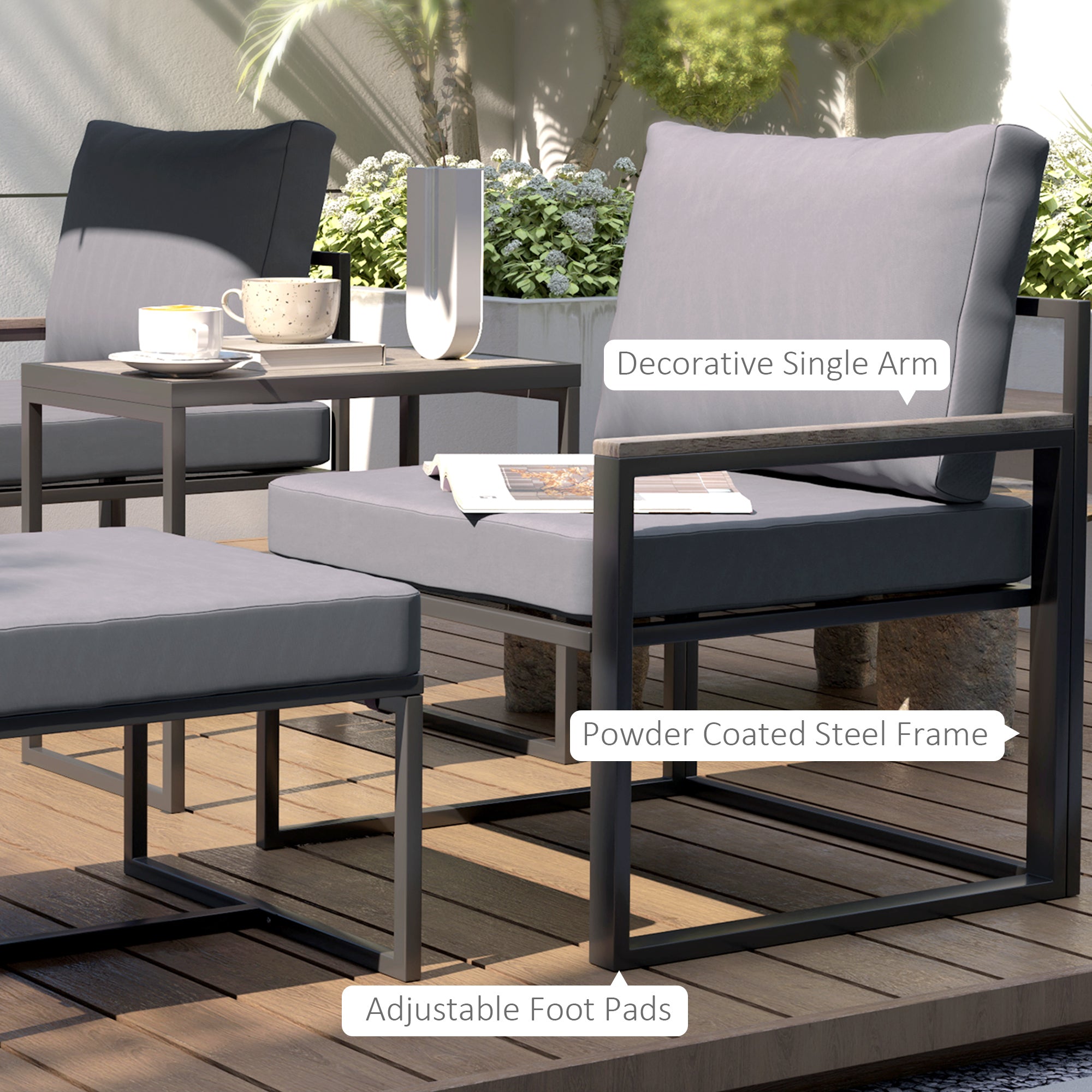 Outsunny 5 Pieces Patio Furniture Set with Ottomans, Outdoor Furniture Conversation Set with Cushions, Wood-Plastic Composite Coffee Table, Small Patio Set for Garden, Yard, Grey
