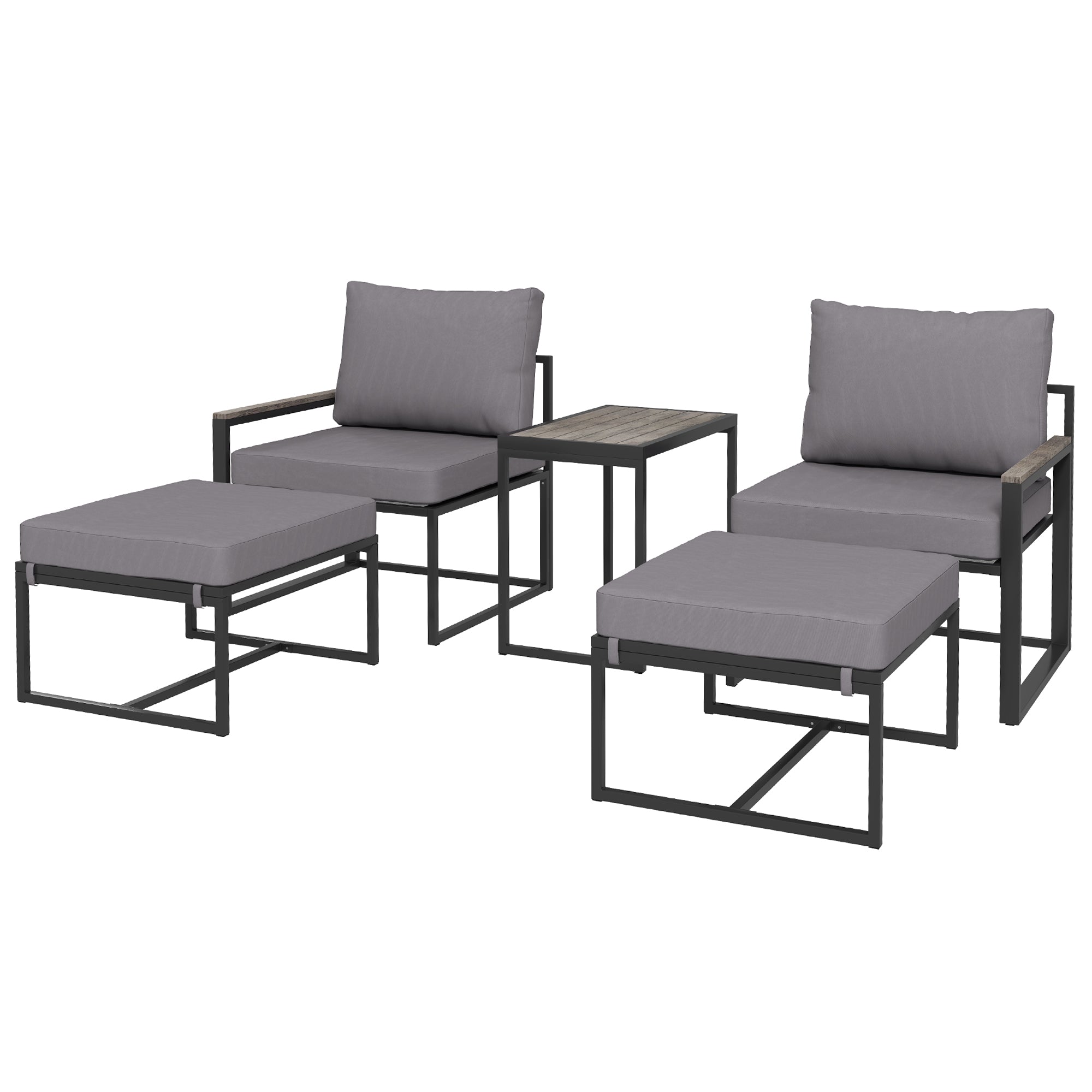Outsunny 5 Pieces Patio Furniture Set with Ottomans, Outdoor Furniture Conversation Set with Cushions, Wood-Plastic Composite Coffee Table, Small Patio Set for Garden, Yard, Grey