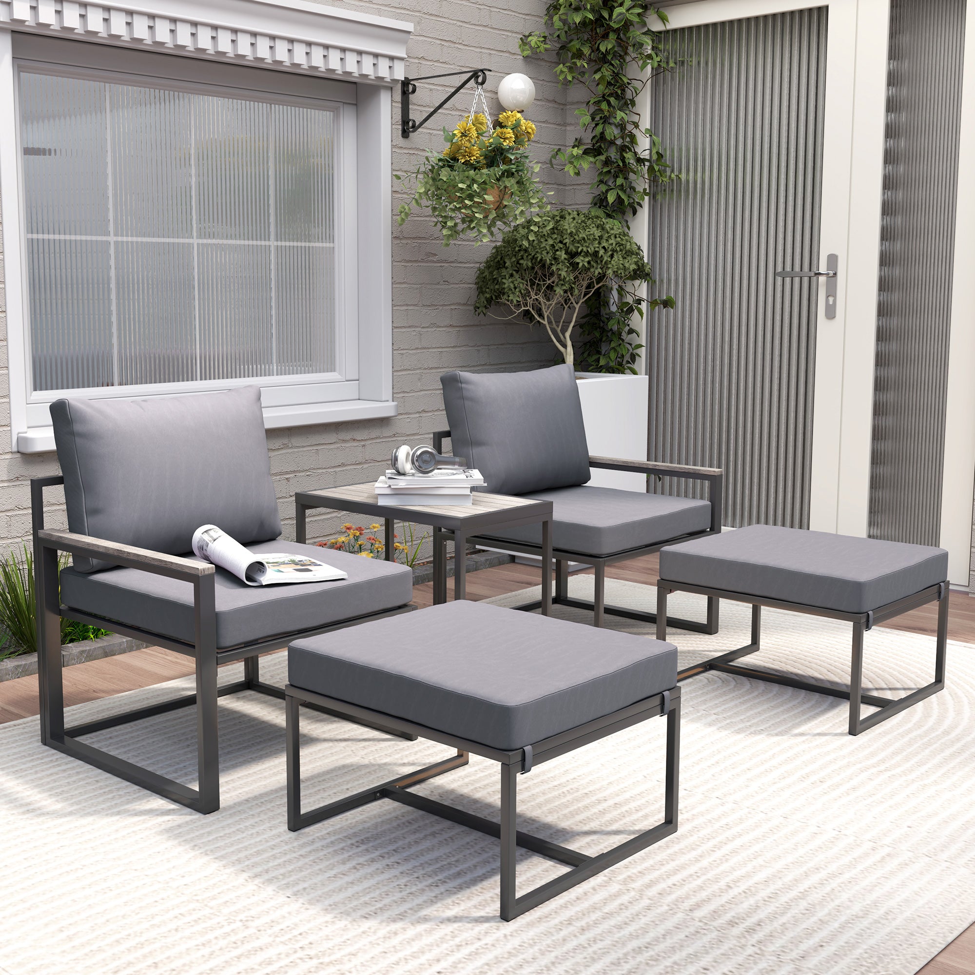 Outsunny 5 Pieces Patio Furniture Set with Ottomans, Outdoor Furniture Conversation Set with Cushions, Wood-Plastic Composite Coffee Table, Small Patio Set for Garden, Yard, Grey