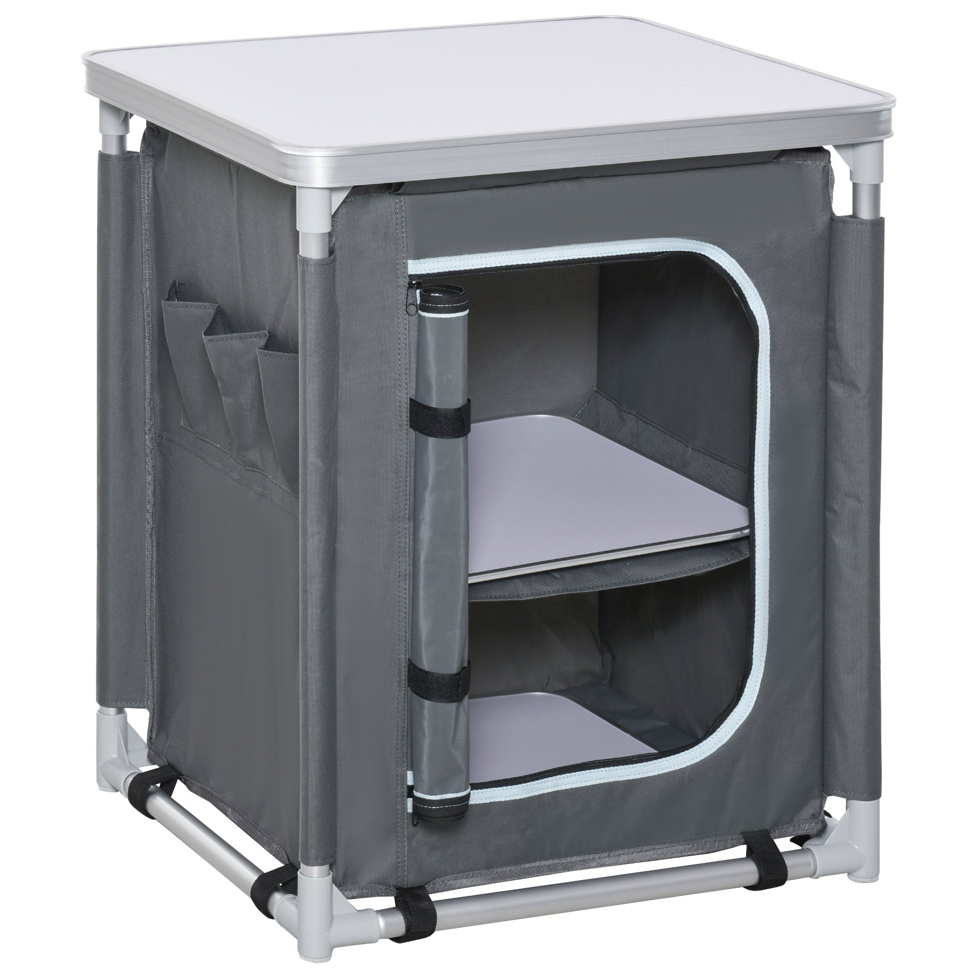 Outsunny Camping Kitchen Station, Aluminum Camping Table Cook Cupboard with 2-Shelf and Carrying Bag for BBQ Party Picnics Backyards, Grey