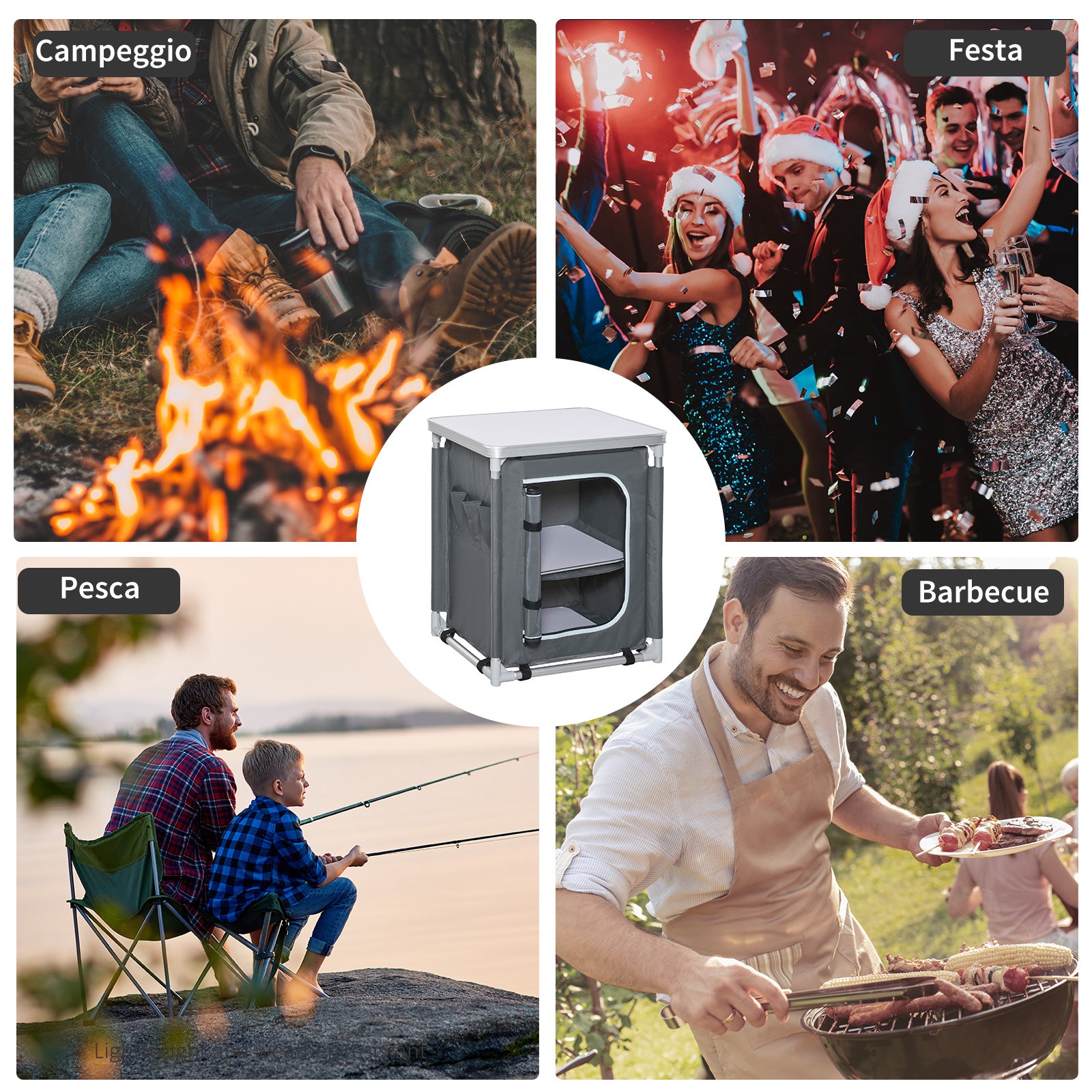 Outsunny Camping Kitchen Station, Aluminum Camping Table Cook Cupboard with 2-Shelf and Carrying Bag for BBQ Party Picnics Backyards, Grey