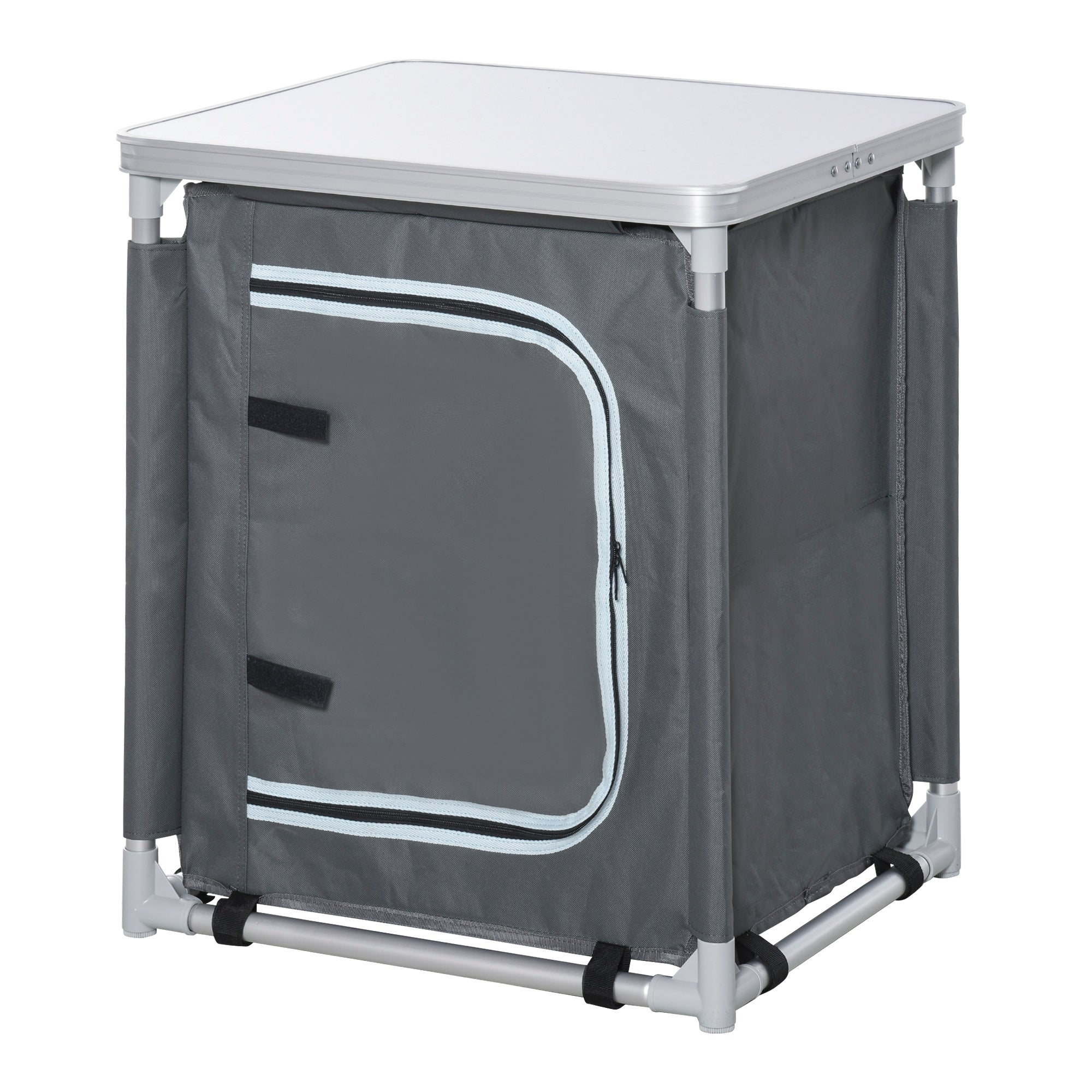 Outsunny Camping Kitchen Station, Aluminum Camping Table Cook Cupboard with 2-Shelf and Carrying Bag for BBQ Party Picnics Backyards, Grey
