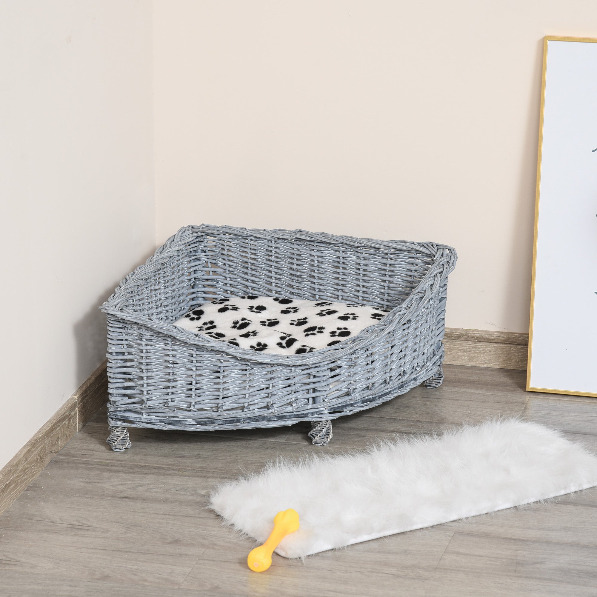PawHut Wicker Raised Dog Bed Cat Sofa Elevated Couch Lifted Corner with Soft Plush Cushion Elevated Base Grey 58 x 58 x 28cm