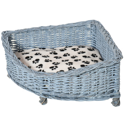 PawHut Wicker Raised Dog Bed Cat Sofa Elevated Couch Lifted Corner with Soft Plush Cushion Elevated Base Grey 58 x 58 x 28cm
