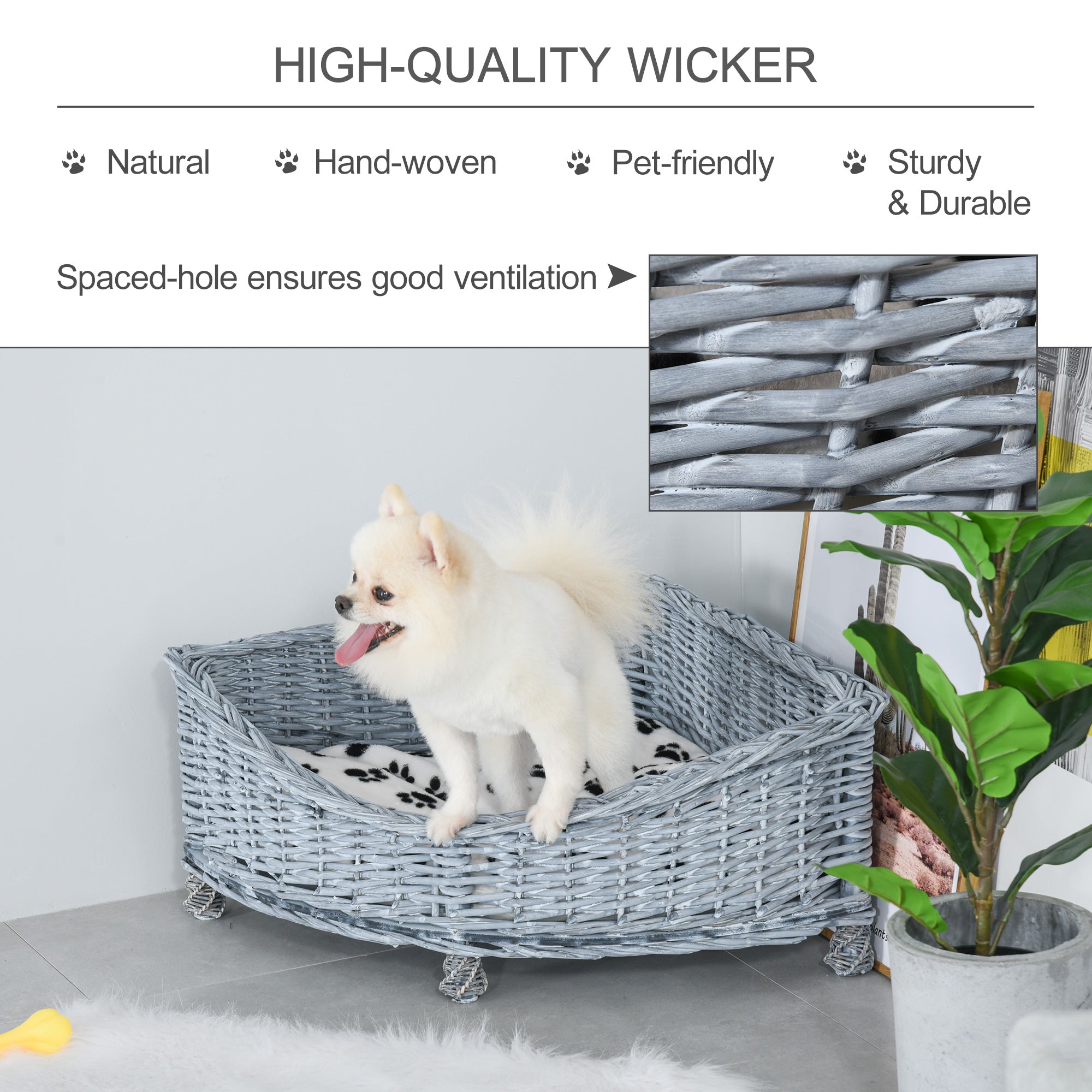 PawHut Wicker Raised Dog Bed Cat Sofa Elevated Couch Lifted Corner with Soft Plush Cushion Elevated Base Grey 58 x 58 x 28cm