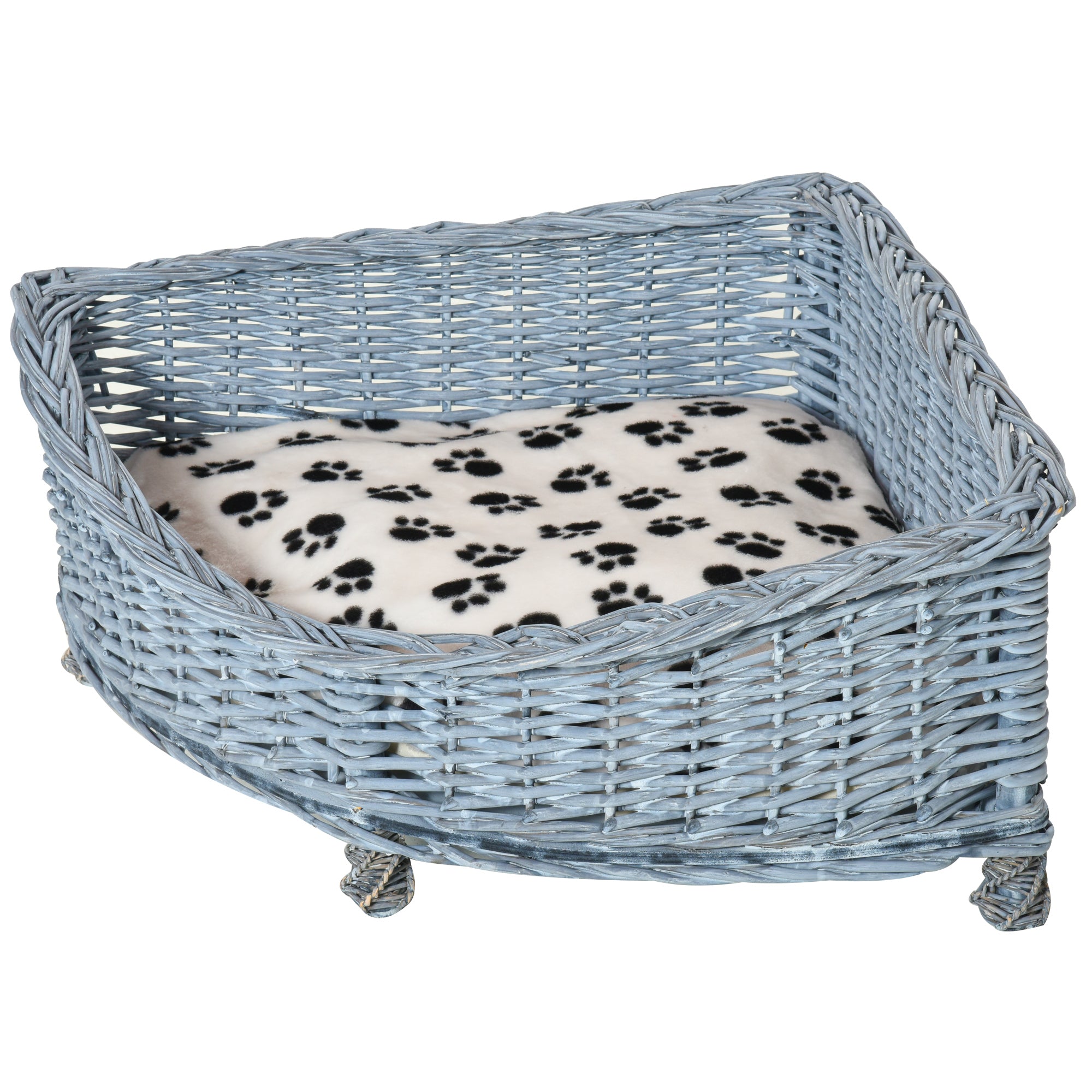 PawHut Wicker Raised Dog Bed Cat Sofa Elevated Couch Lifted Corner with Soft Plush Cushion Elevated Base Grey 58 x 58 x 28cm