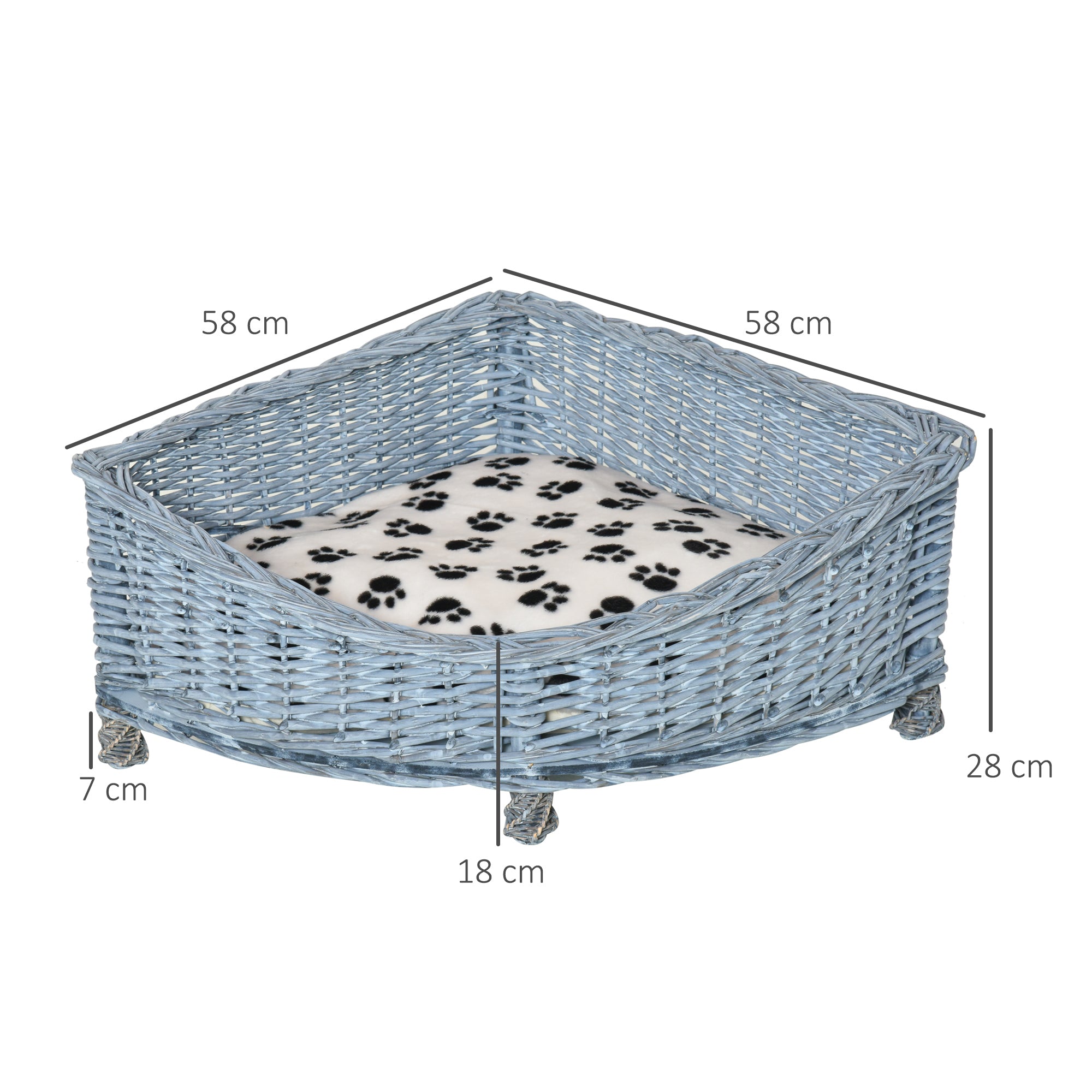 PawHut Wicker Raised Dog Bed Cat Sofa Elevated Couch Lifted Corner with Soft Plush Cushion Elevated Base Grey 58 x 58 x 28cm