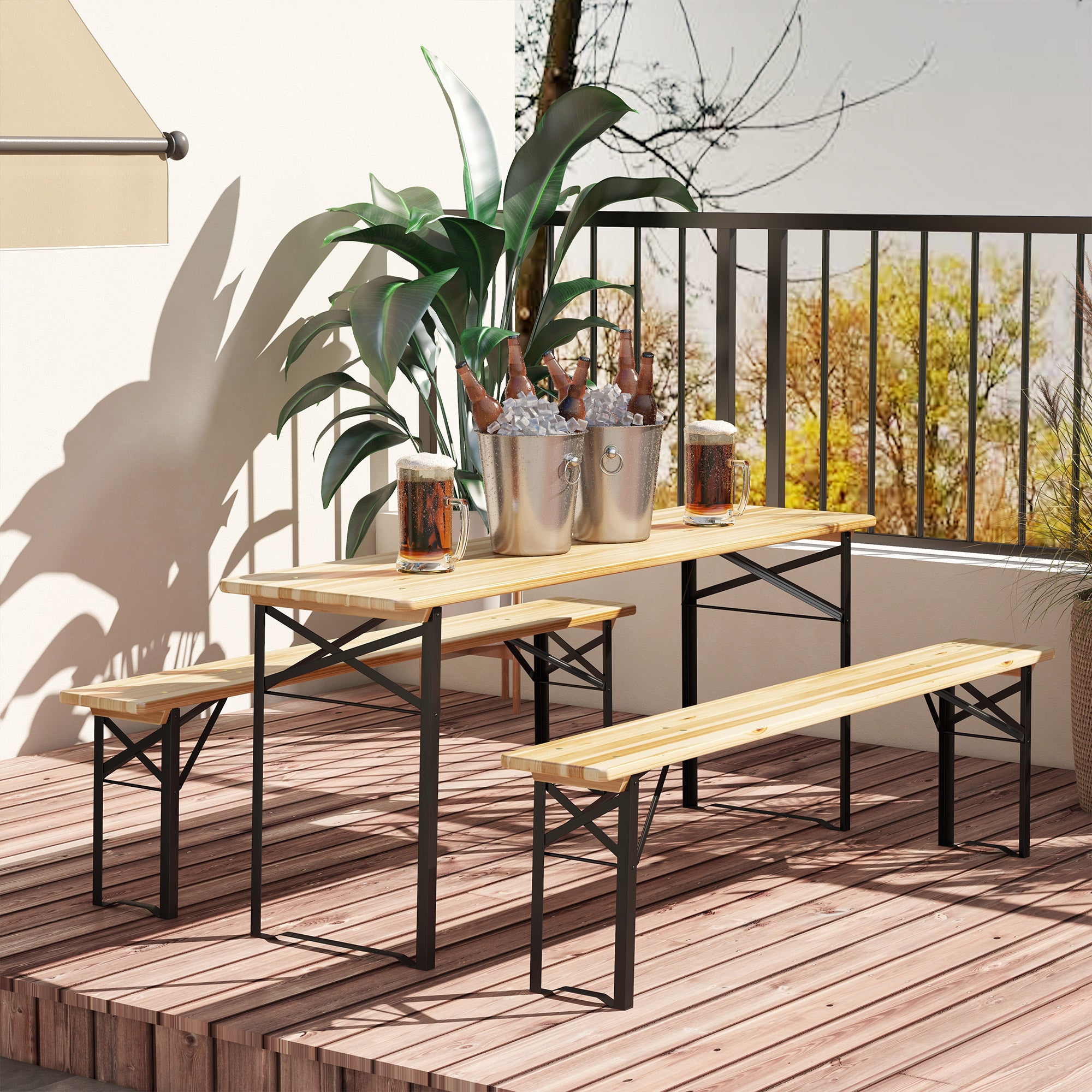 Outsunny 3 Pieces Folding Picnic Table Set, Portable Folding Picnic Table Set, 1 Picnic Table and 2 Benches