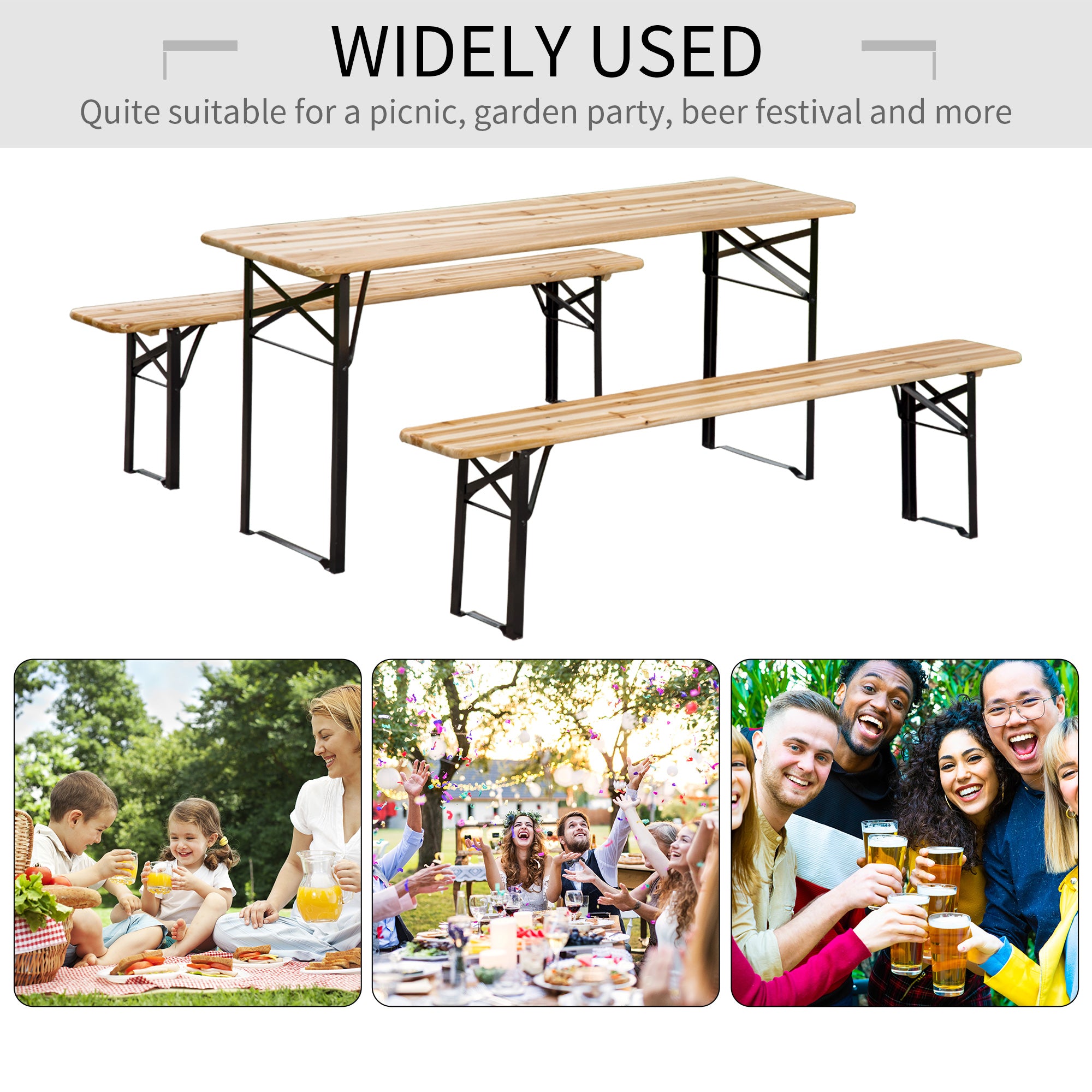 Outsunny 3 Pieces Folding Picnic Table Set, Portable Folding Picnic Table Set, 1 Picnic Table and 2 Benches