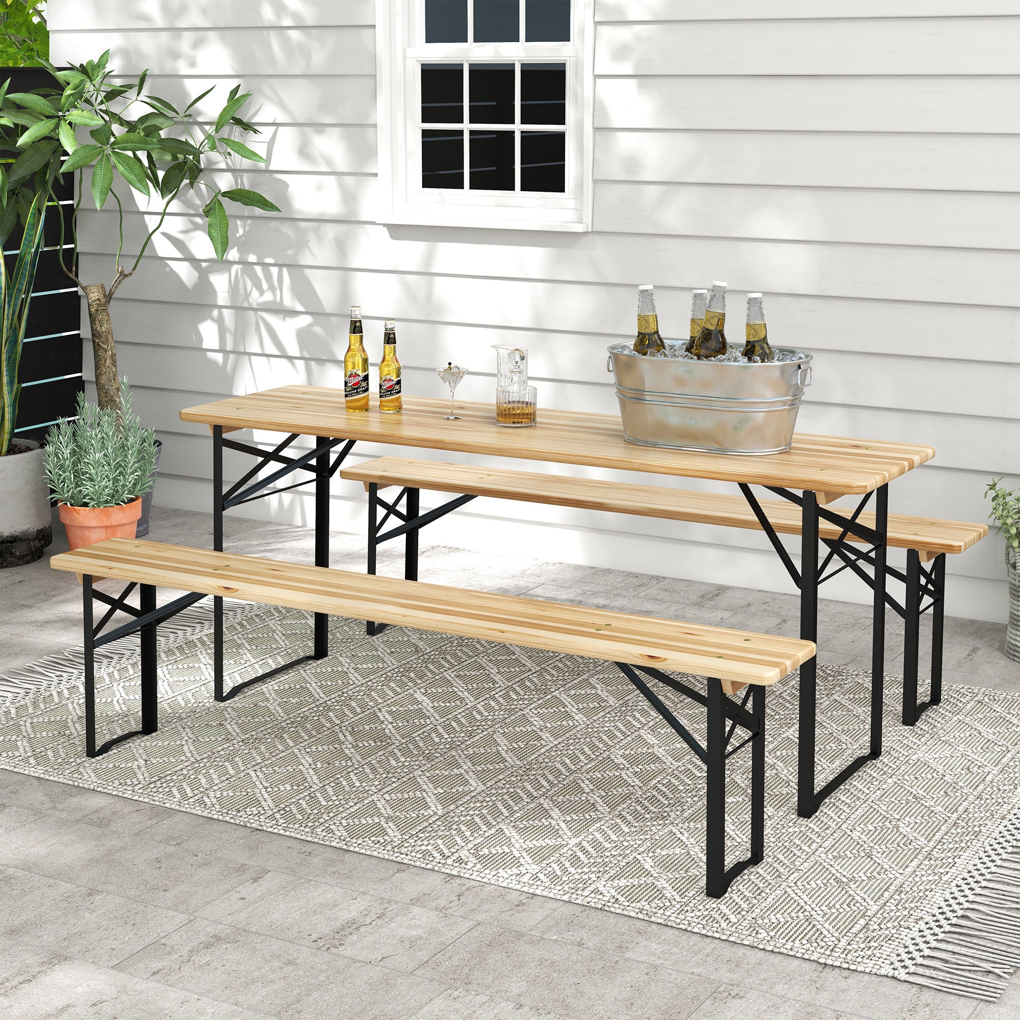 Outsunny 3 Pieces Folding Picnic Table Set, Portable Folding Picnic Table Set, 1 Picnic Table and 2 Benches