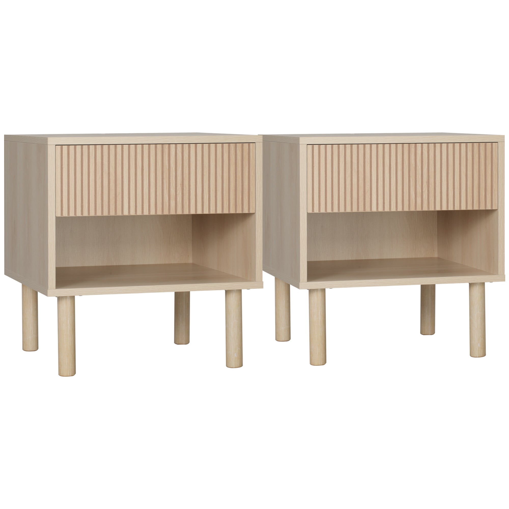 HOMCOM Modern Nightstand Set of 2, Bedside Table with Drawer and Open Shelf, Side End Table for Bedroom, Natural Wood
