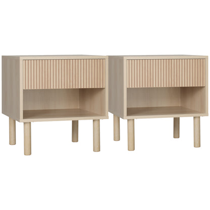 HOMCOM Modern Nightstand Set of 2, Bedside Table with Drawer and Open Shelf, Side End Table for Bedroom, Natural Wood