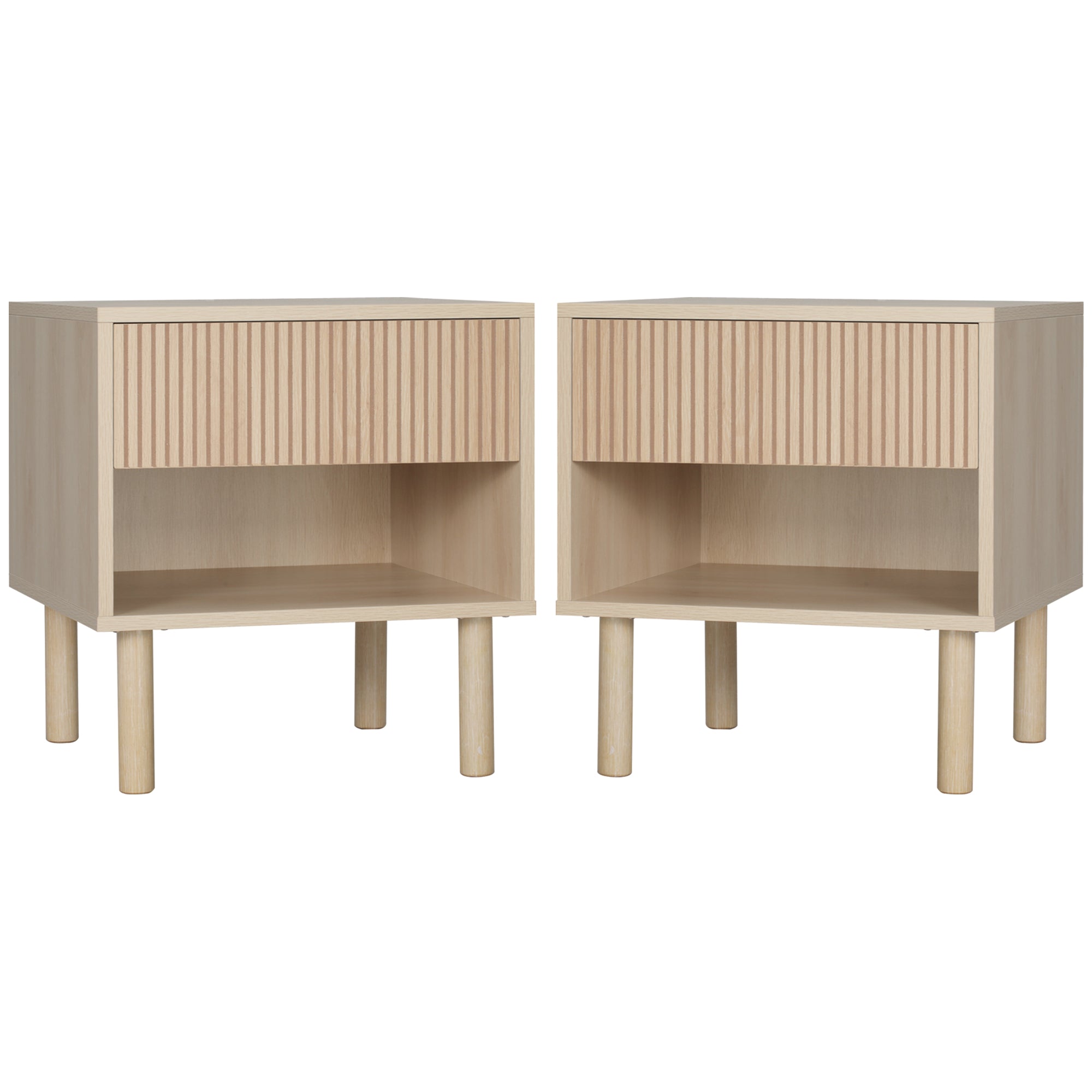 HOMCOM Modern Nightstand Set of 2, Bedside Table with Drawer and Open Shelf, Side End Table for Bedroom, Natural Wood